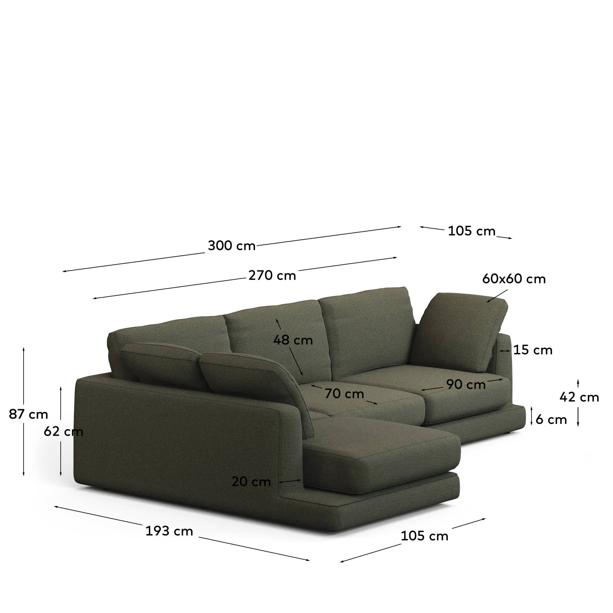 Gala 4-seater sofa with left-hand chaise longue in dark green chenille FSC Mix Credit 300 cm