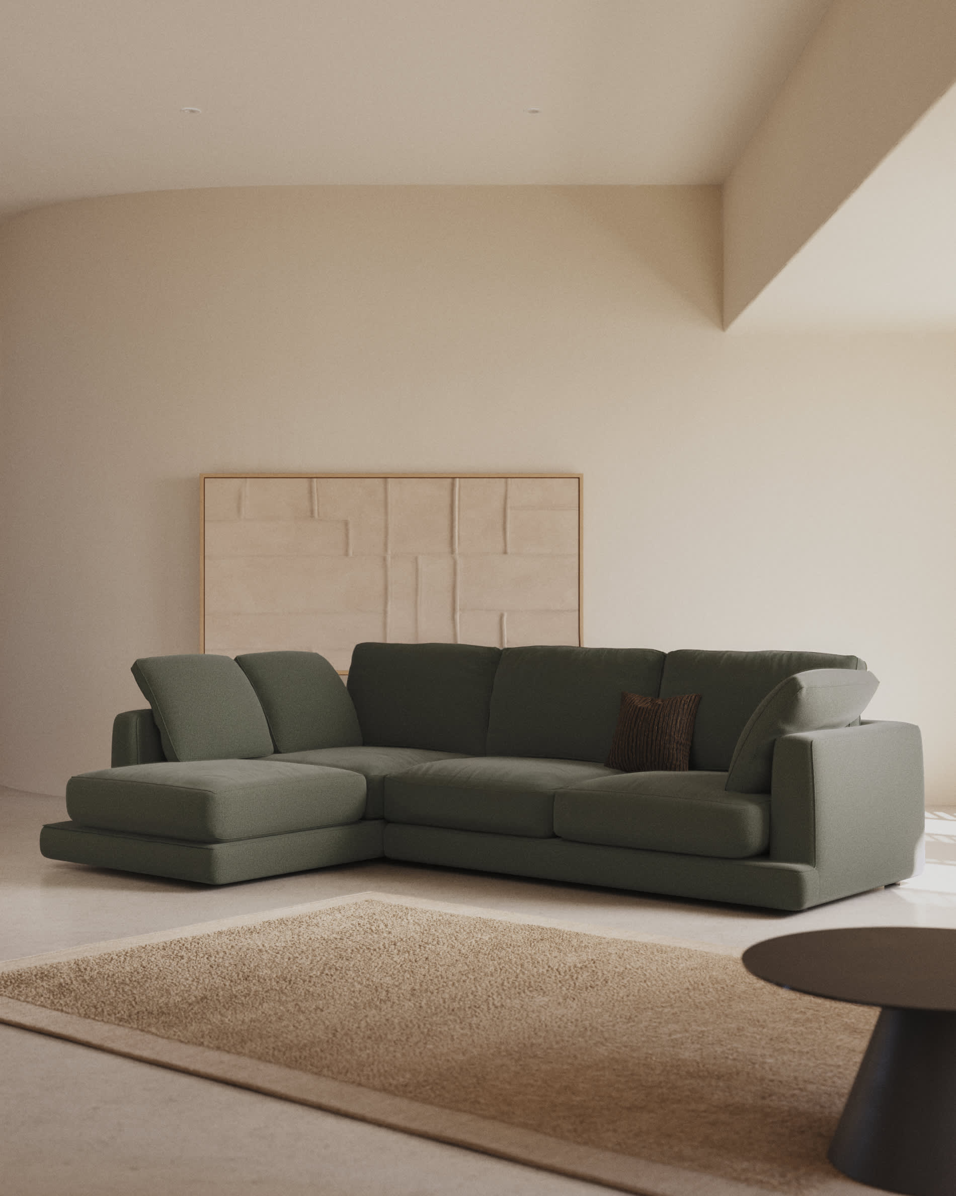Gala 4-seater sofa with left-hand chaise longue in dark green chenille FSC Mix Credit 300 cm