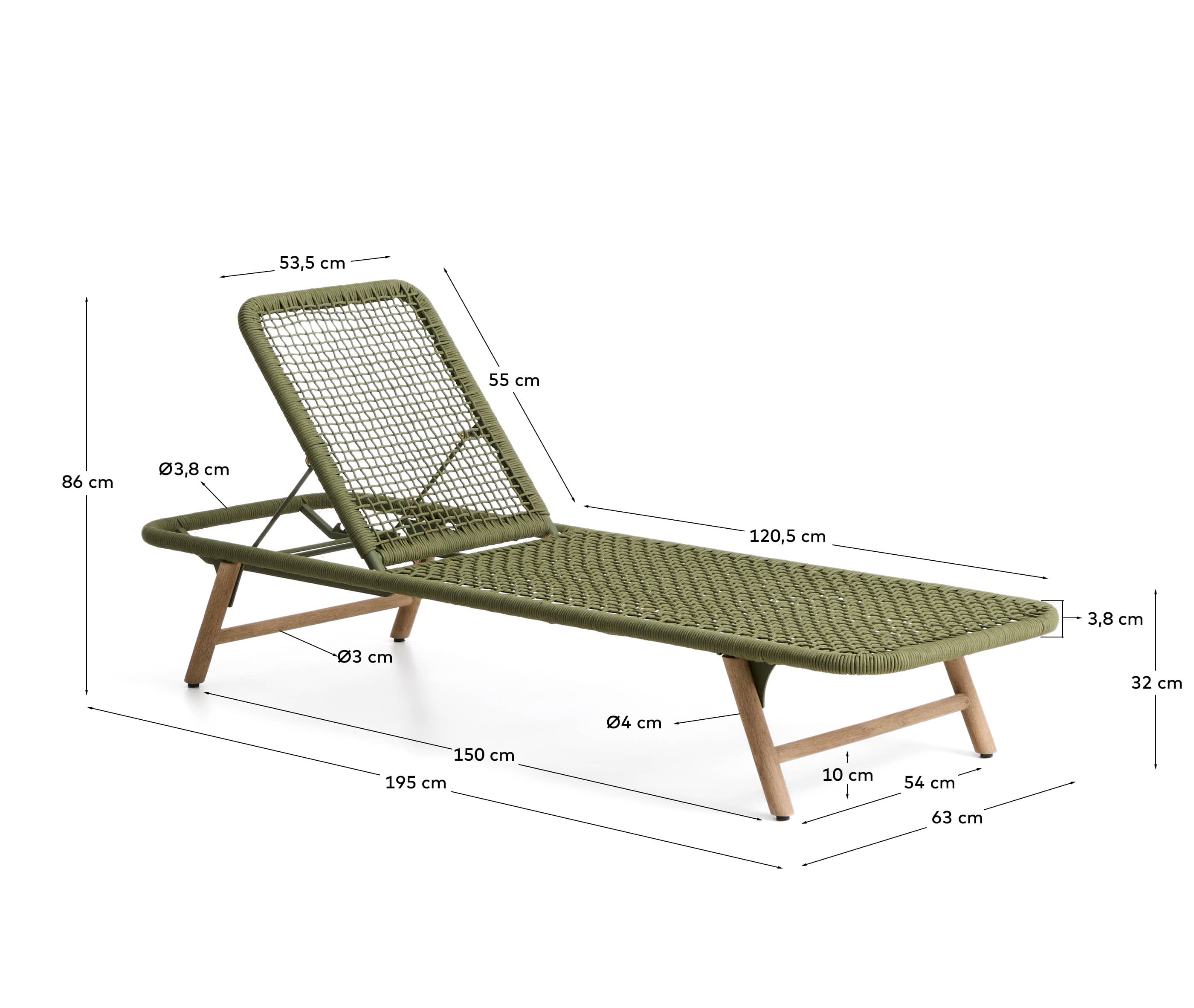 Dandara sun lounger in steel, green rope and legs in solid FSC 100% acacia wood