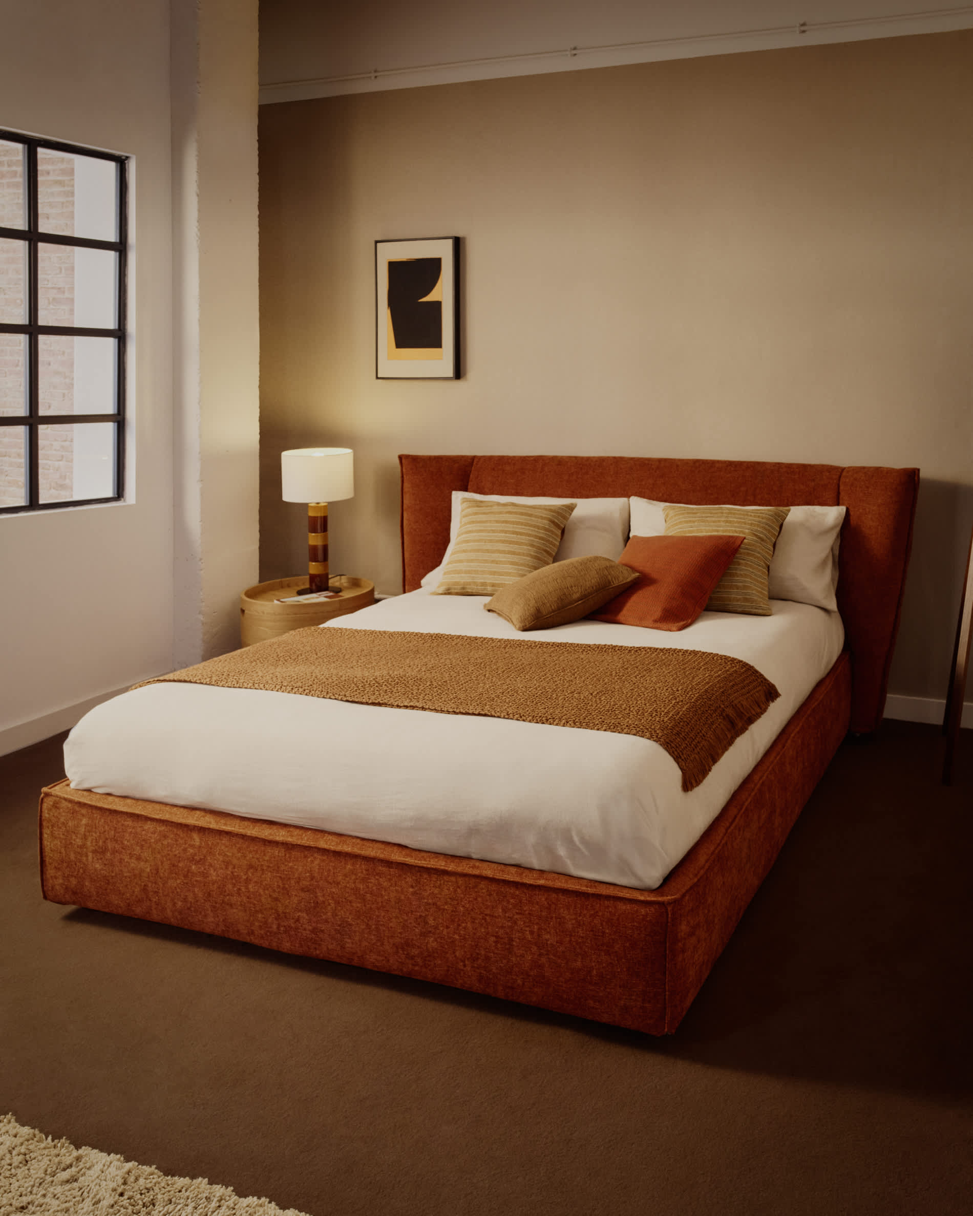 Arvian terracotta chenille removable-cover bed with ottoman base for a 180 x 200 cm mattress