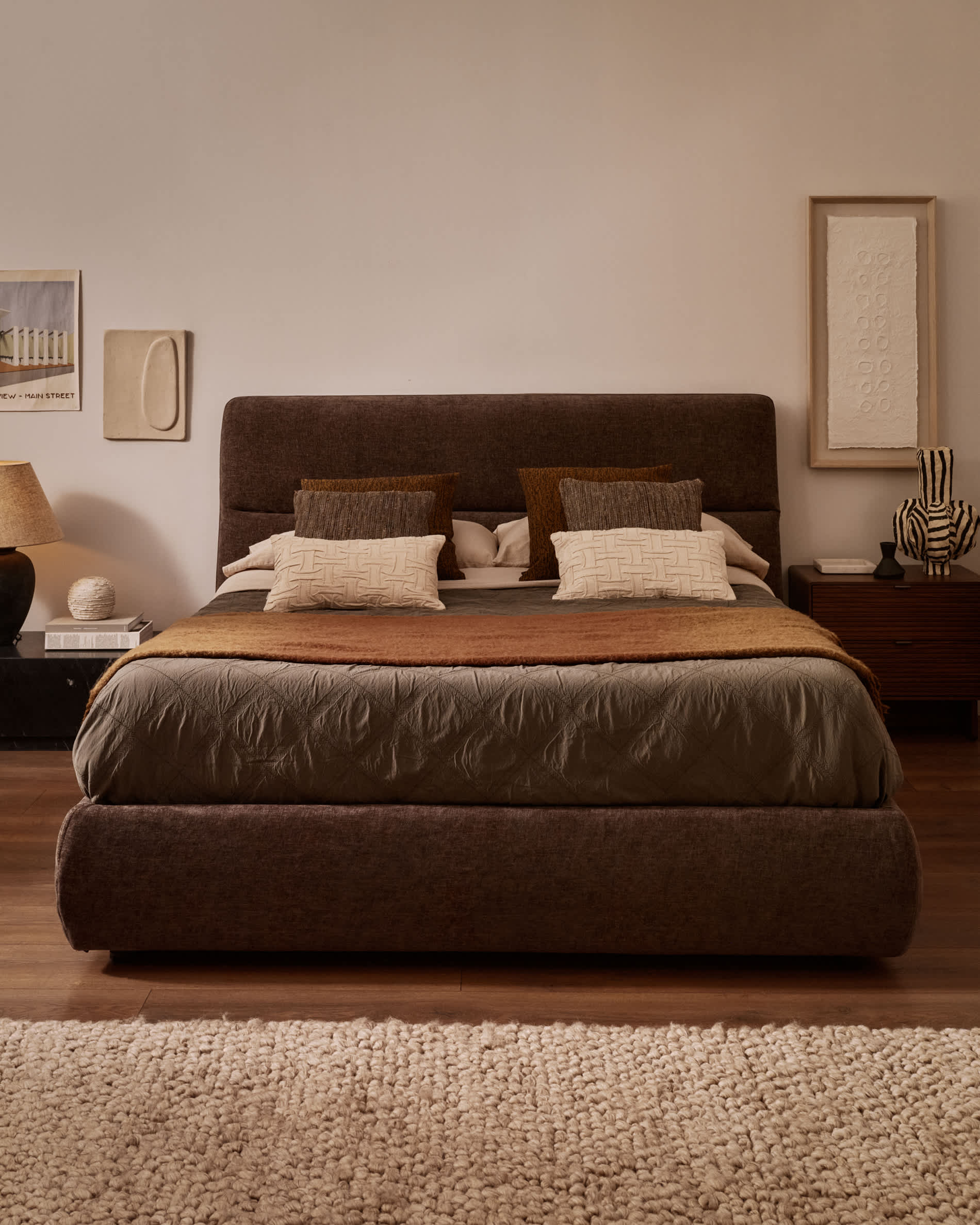 Dafra dark brown chenille removable-cover bed with ottoman base for a 160 x 200 cm mattress