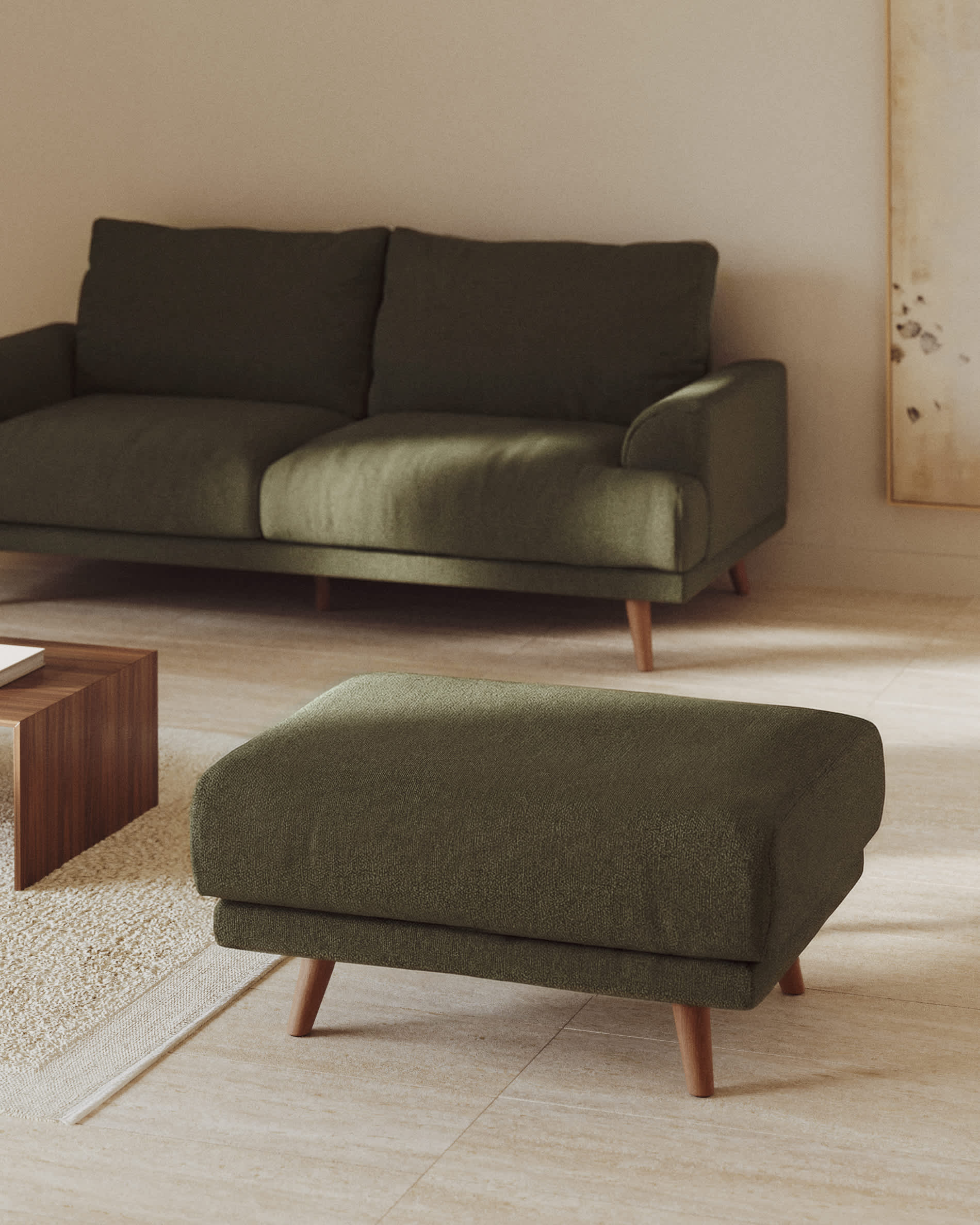 Karin footrest in dark green chenille with solid beech wood legs 90 x 70cm
