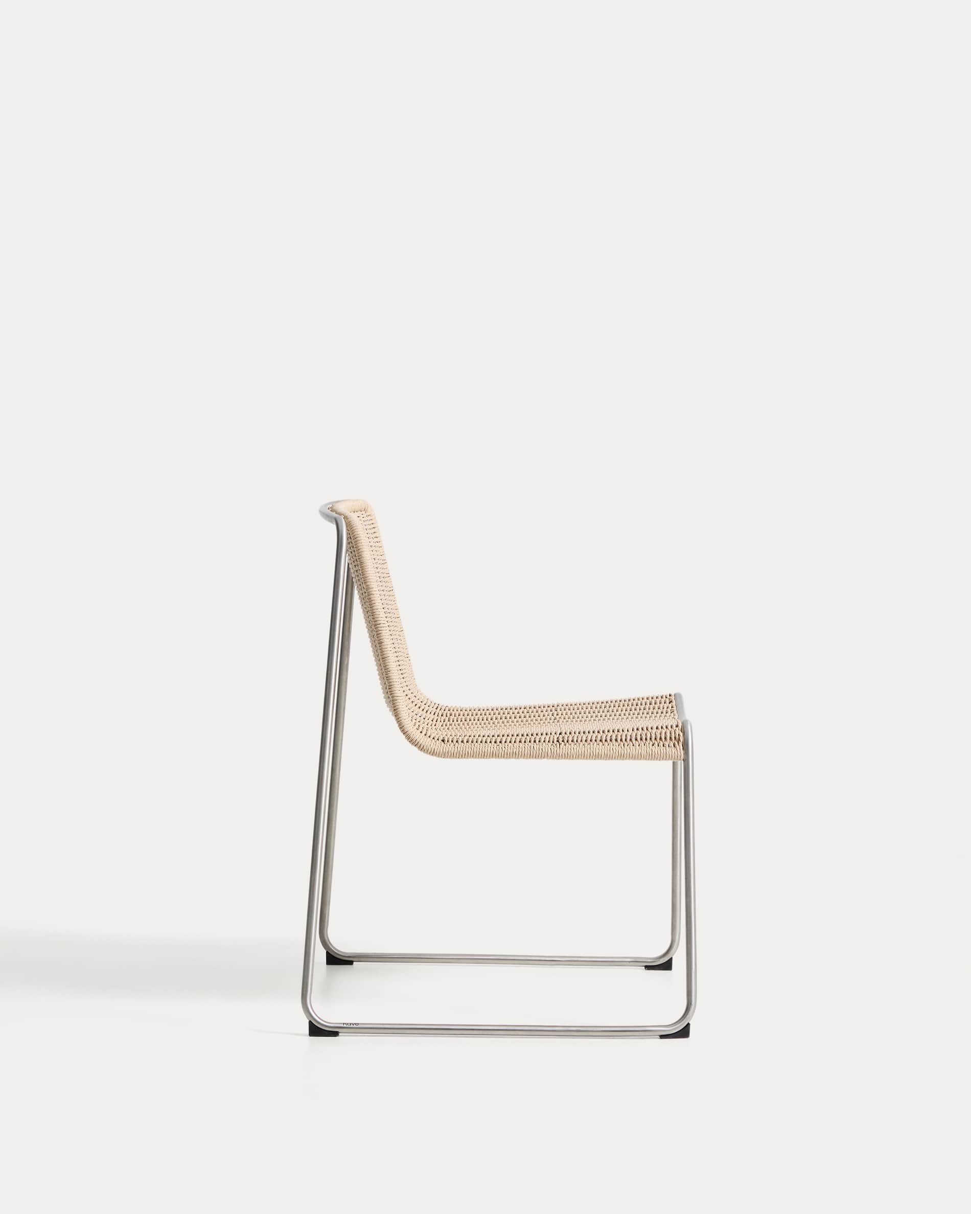 Tavari stackable chair in beige synthetic rope cord and AISI 304 stainless steel with brushed finish