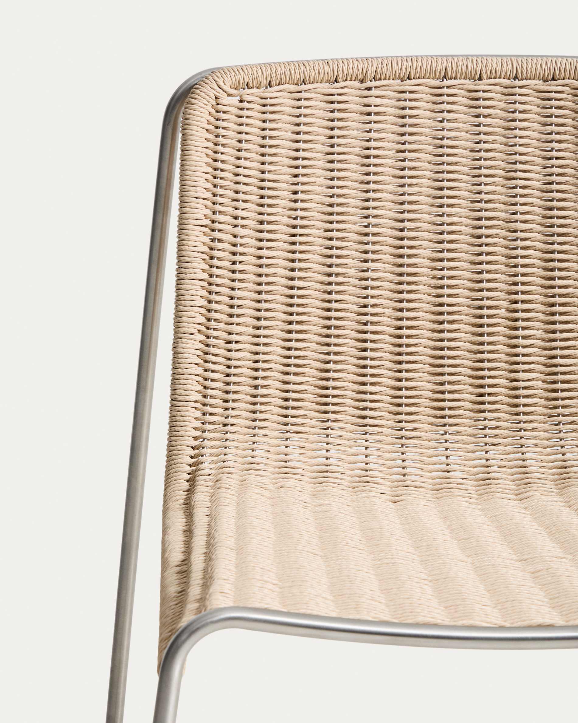 Tavari stackable chair in beige synthetic rope cord and AISI 304 stainless steel with brushed finish