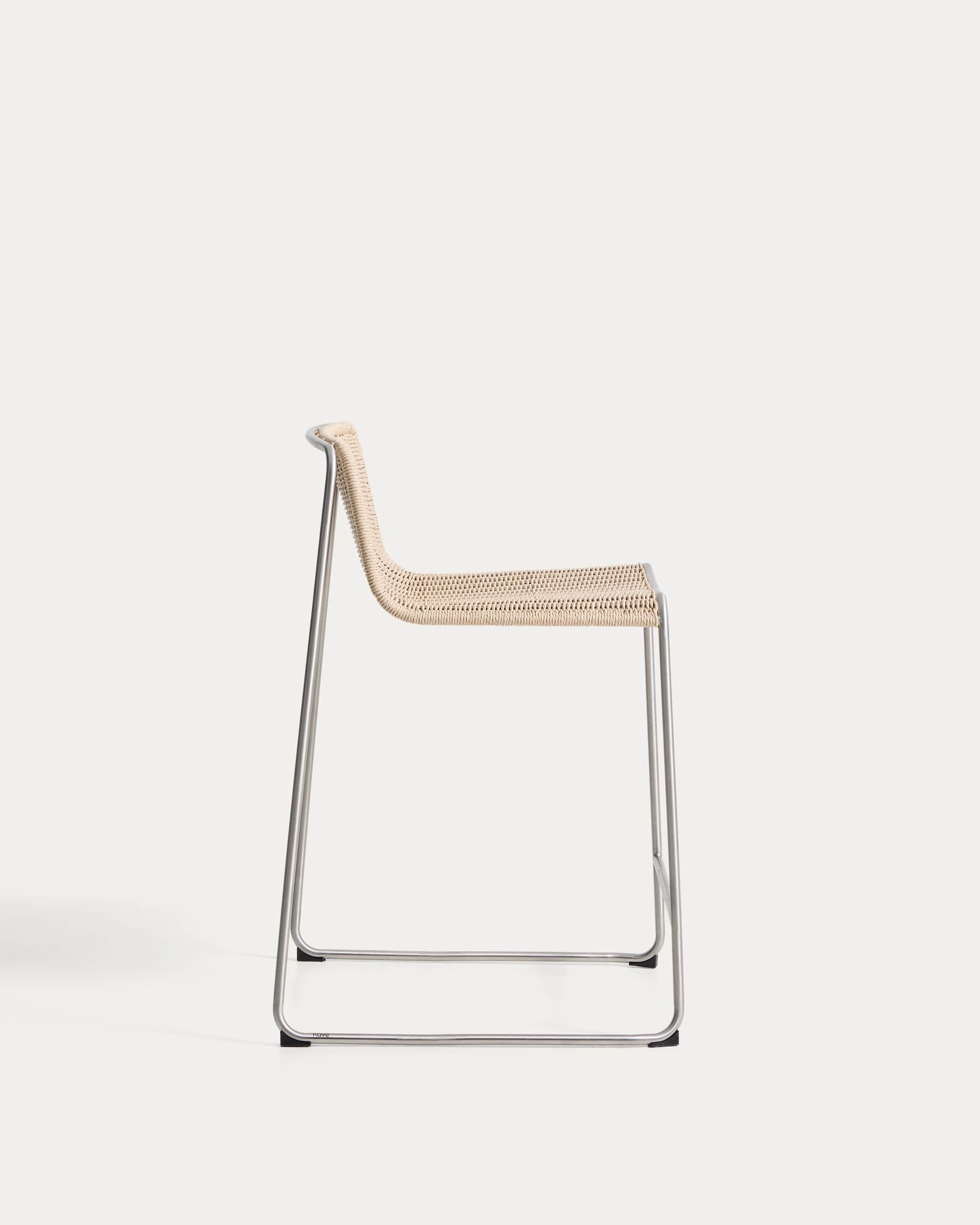 Tavari stackable stool in beige synthetic rope cord and AISI 304 stainless steel with brushed finish 65 cm
