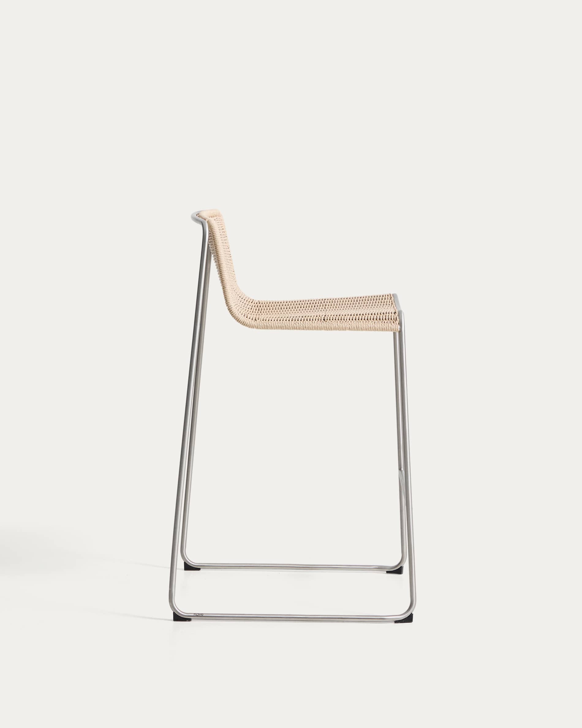 Tavari stackable stool in beige synthetic rope cord and AISI 304 stainless steel with brushed finish 75 cm