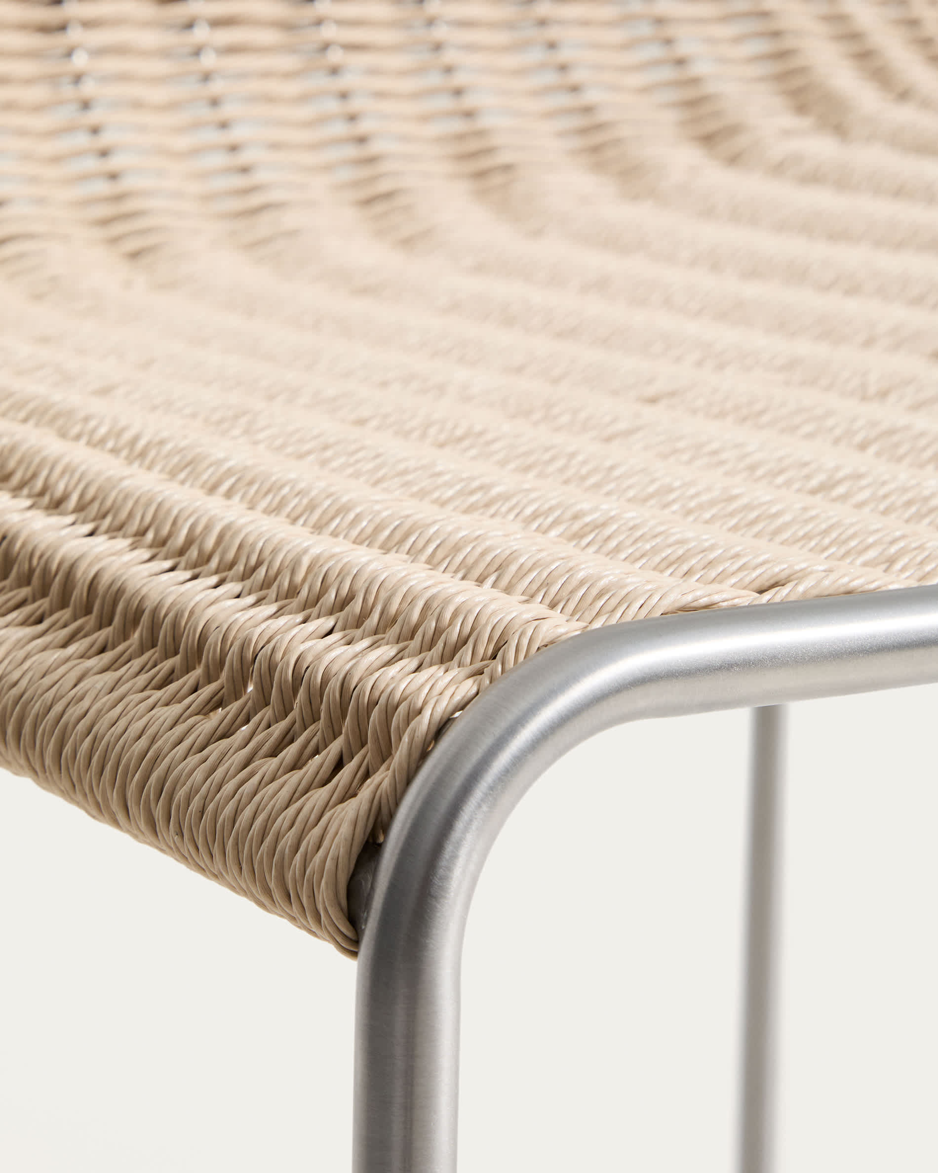 Tavari stackable stool in beige synthetic rope cord and AISI 304 stainless steel with brushed finish 75 cm