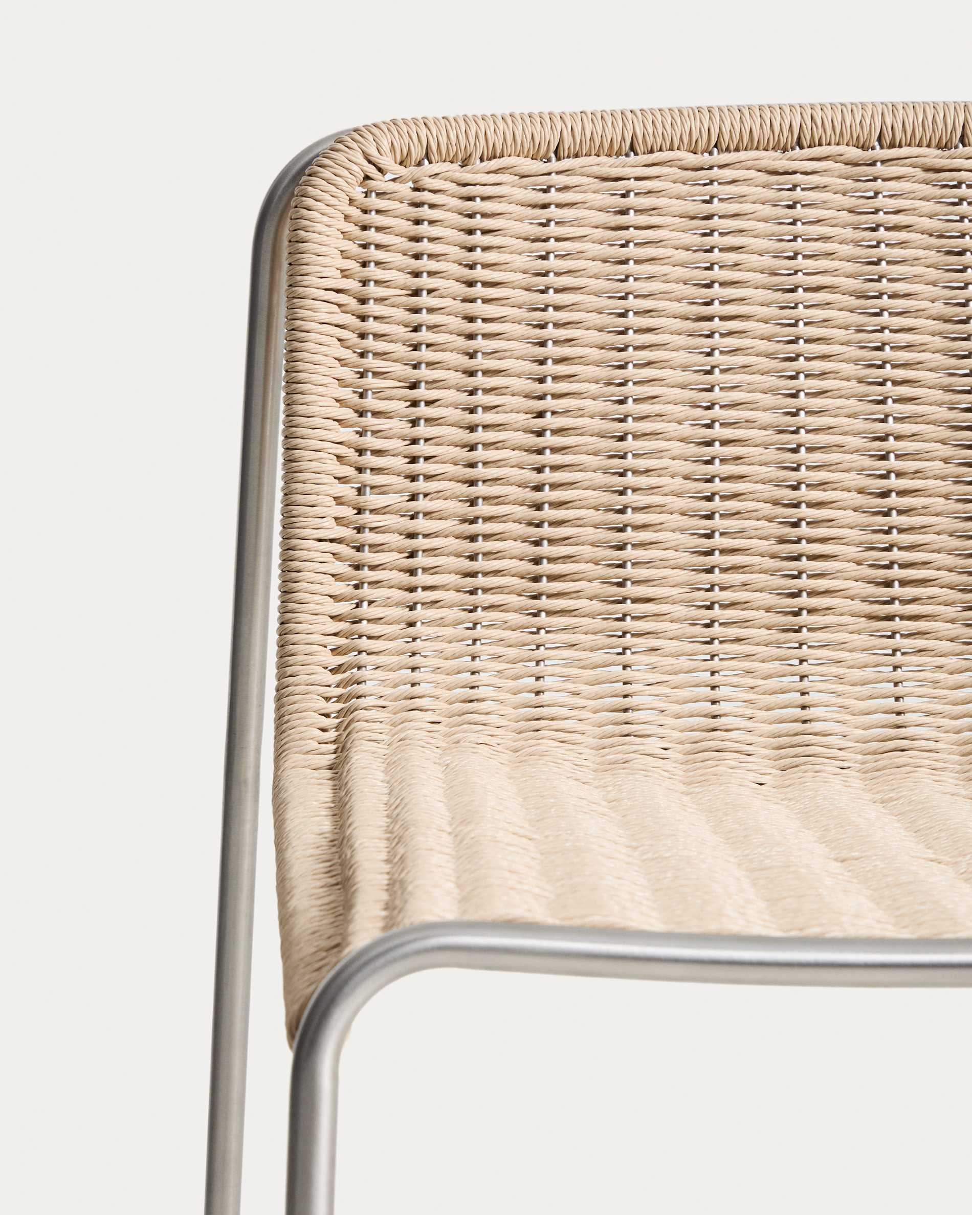 Tavari stackable stool in beige synthetic rope cord and AISI 304 stainless steel with brushed finish 75 cm