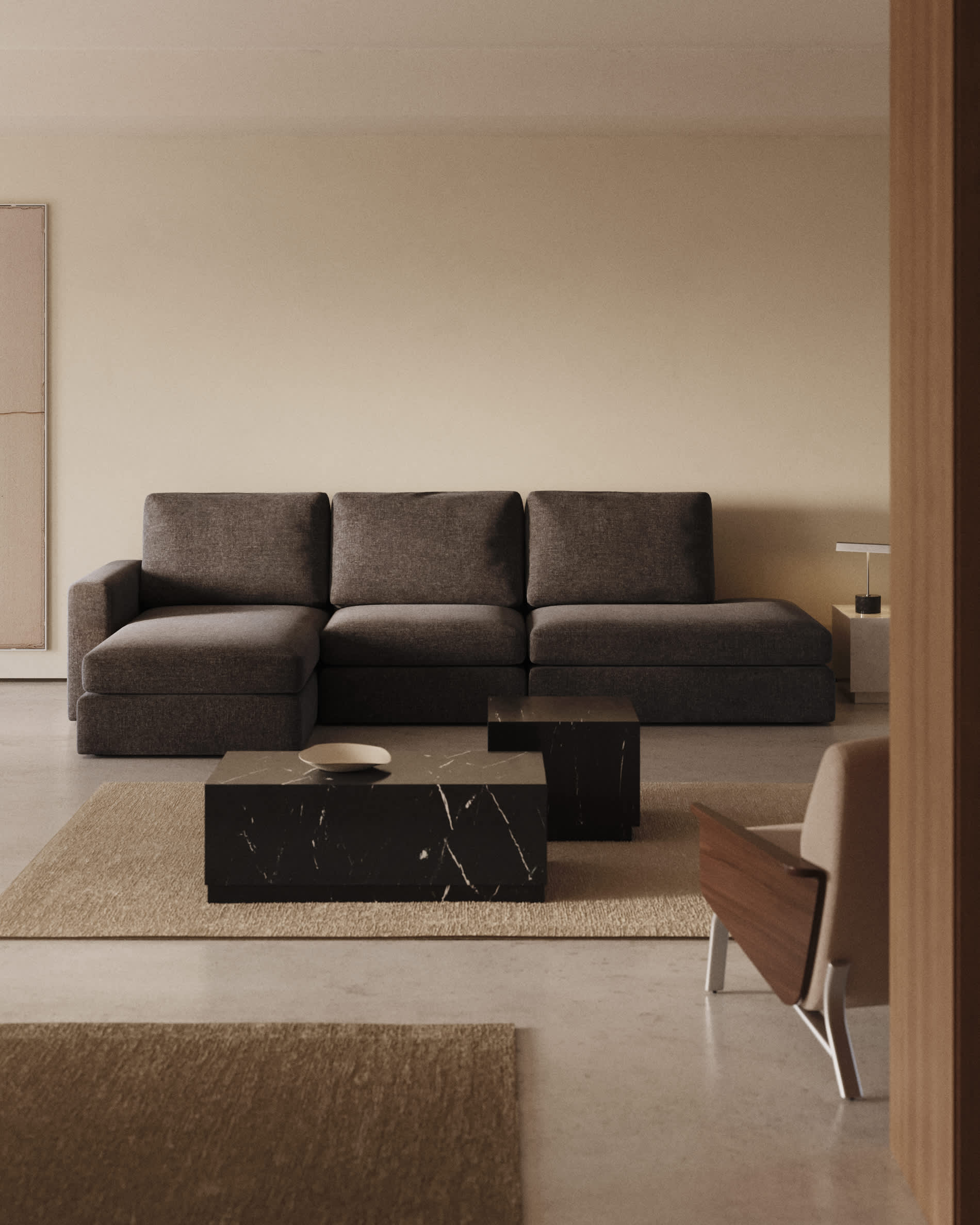 Alea dark brown chenille 5-seater modular sofa with left chaise longue and removable cover 340cm