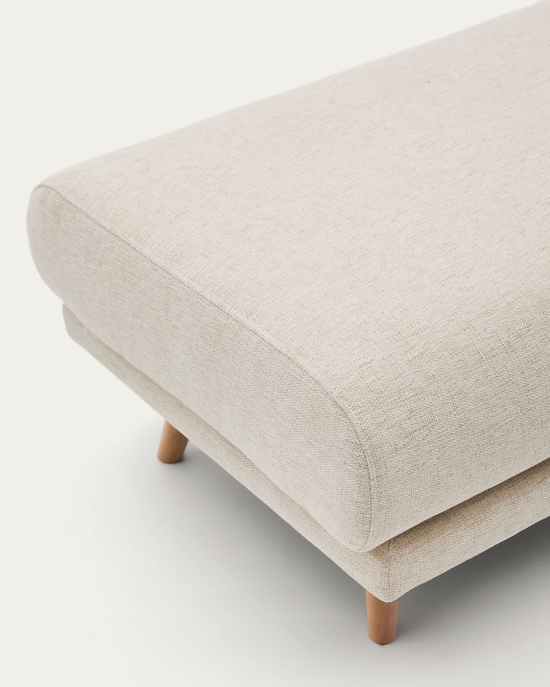 Karin footrest in beige chenille with solid beech wood legs in natural colour finish 90 x 70 cm