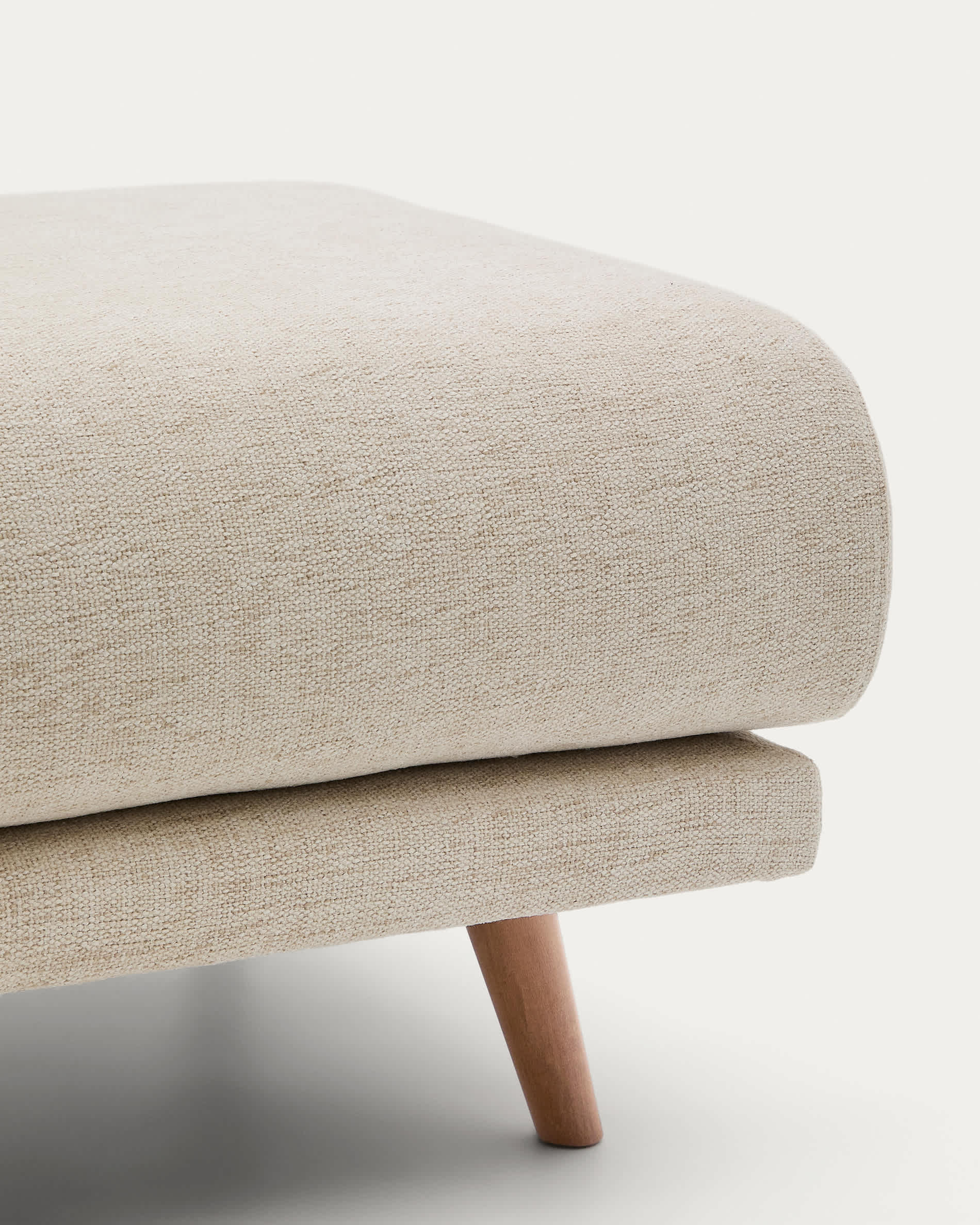 Karin footrest in beige chenille with solid beech wood legs in natural colour finish 90 x 70 cm