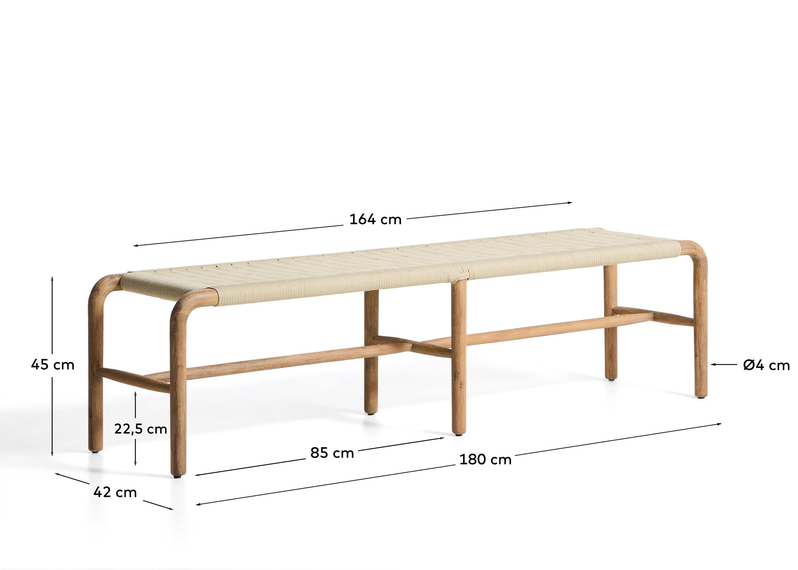 Alipa bench in FSC 100% solid acacia wood and ecru rope cord 180 cm