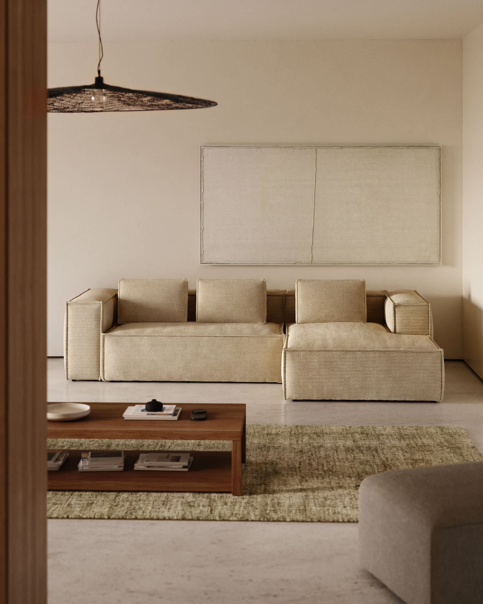 Blok 3-seater right chaise longue sofa in natural thick corduroy 300cm FSC Mix Credit