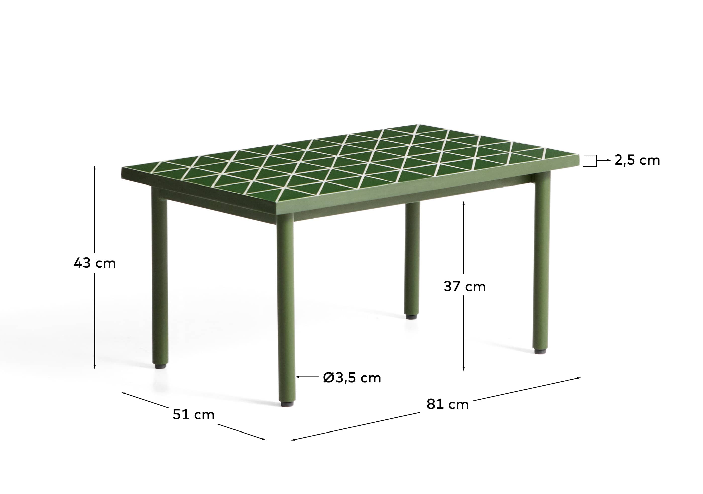 Maurina side table in green galvanised steel with ecru tiles 81 x 51 cm