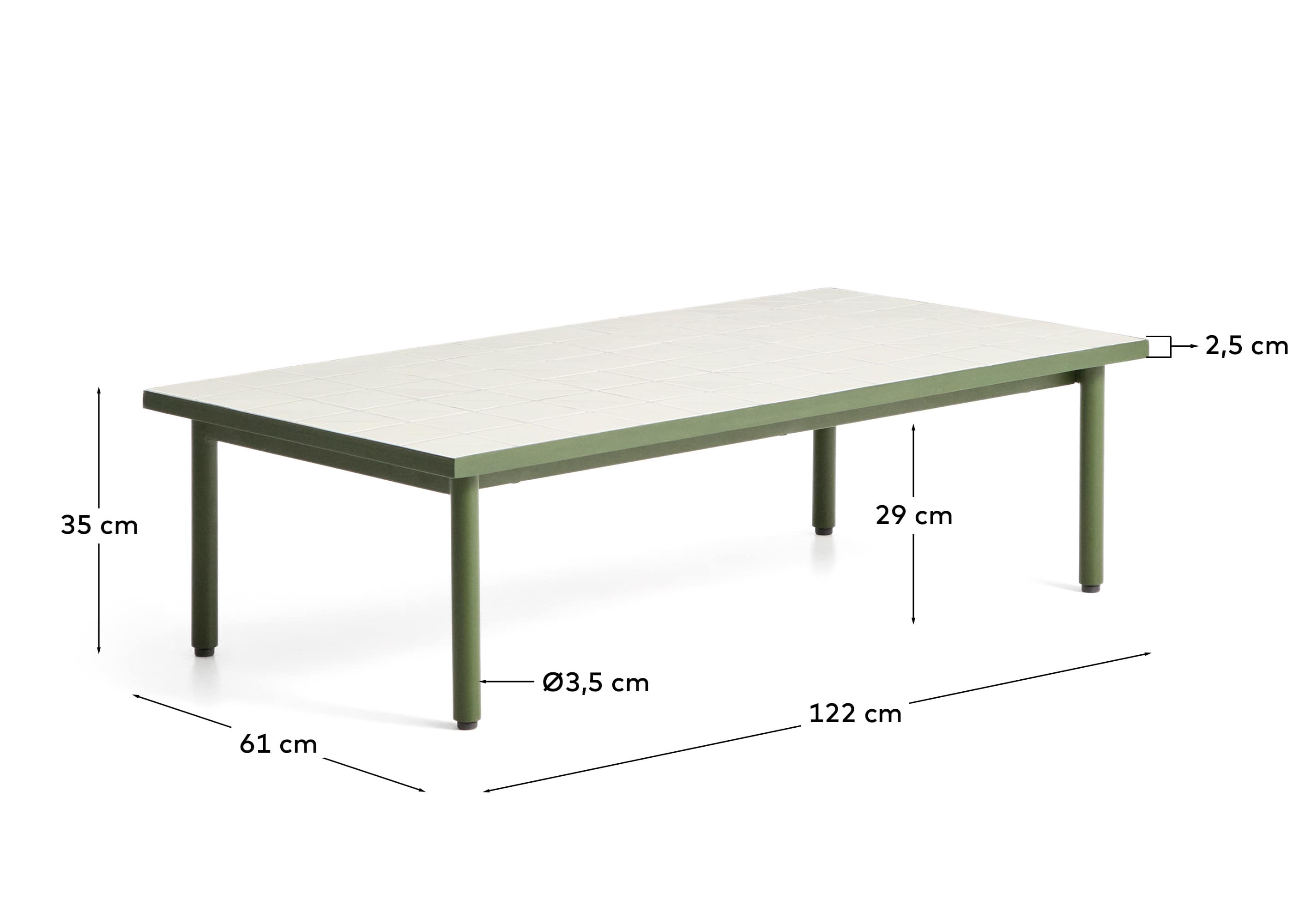 Maurina coffee table in green galvanised steel with ecru tiles 122 x 61cm