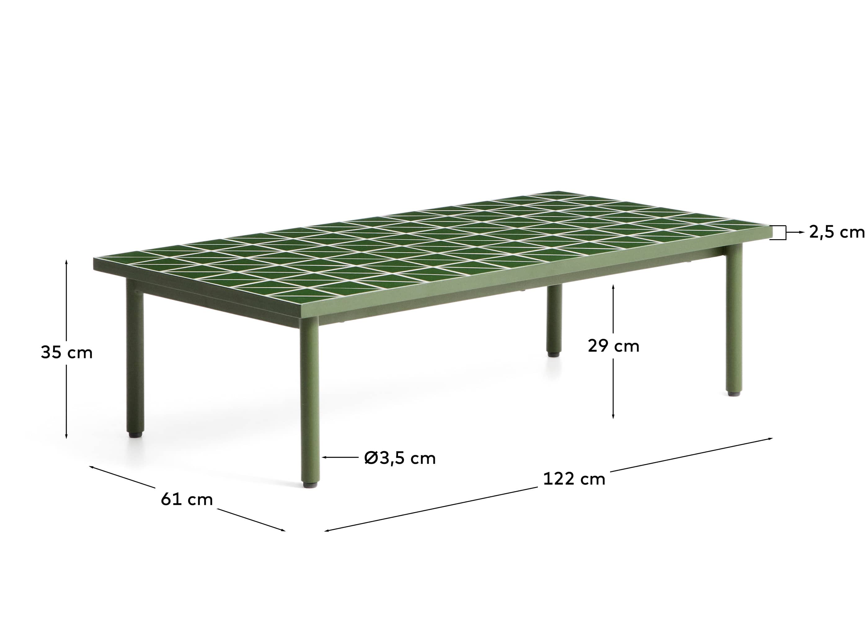 Maurina coffee table in green galvanised steel with green tiles 122 x 61 cm