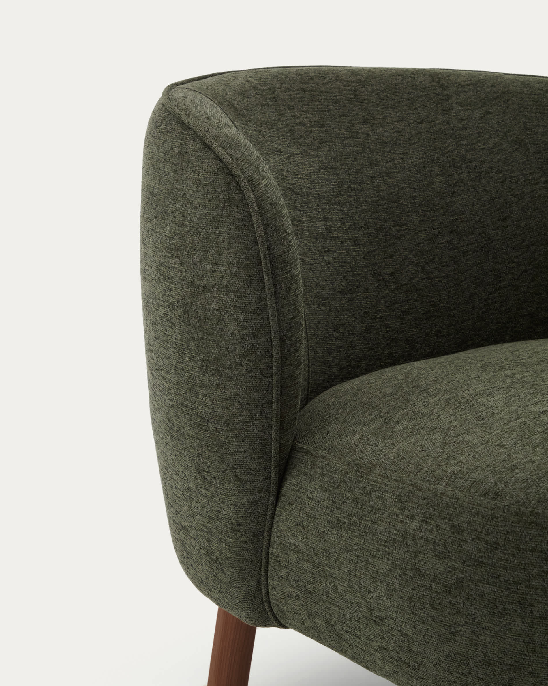 Ulit armchair in green chenille with solid ash wood legs with walnut finish