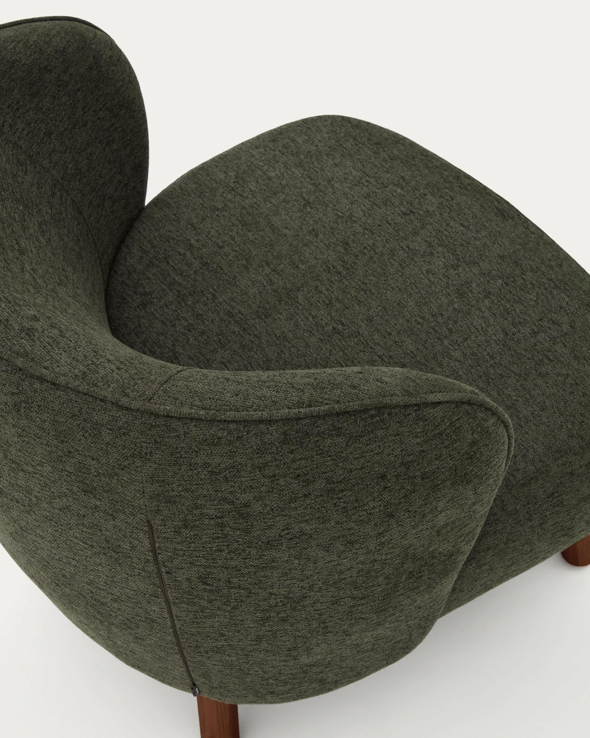 Ulit armchair in green chenille with solid ash wood legs with walnut finish