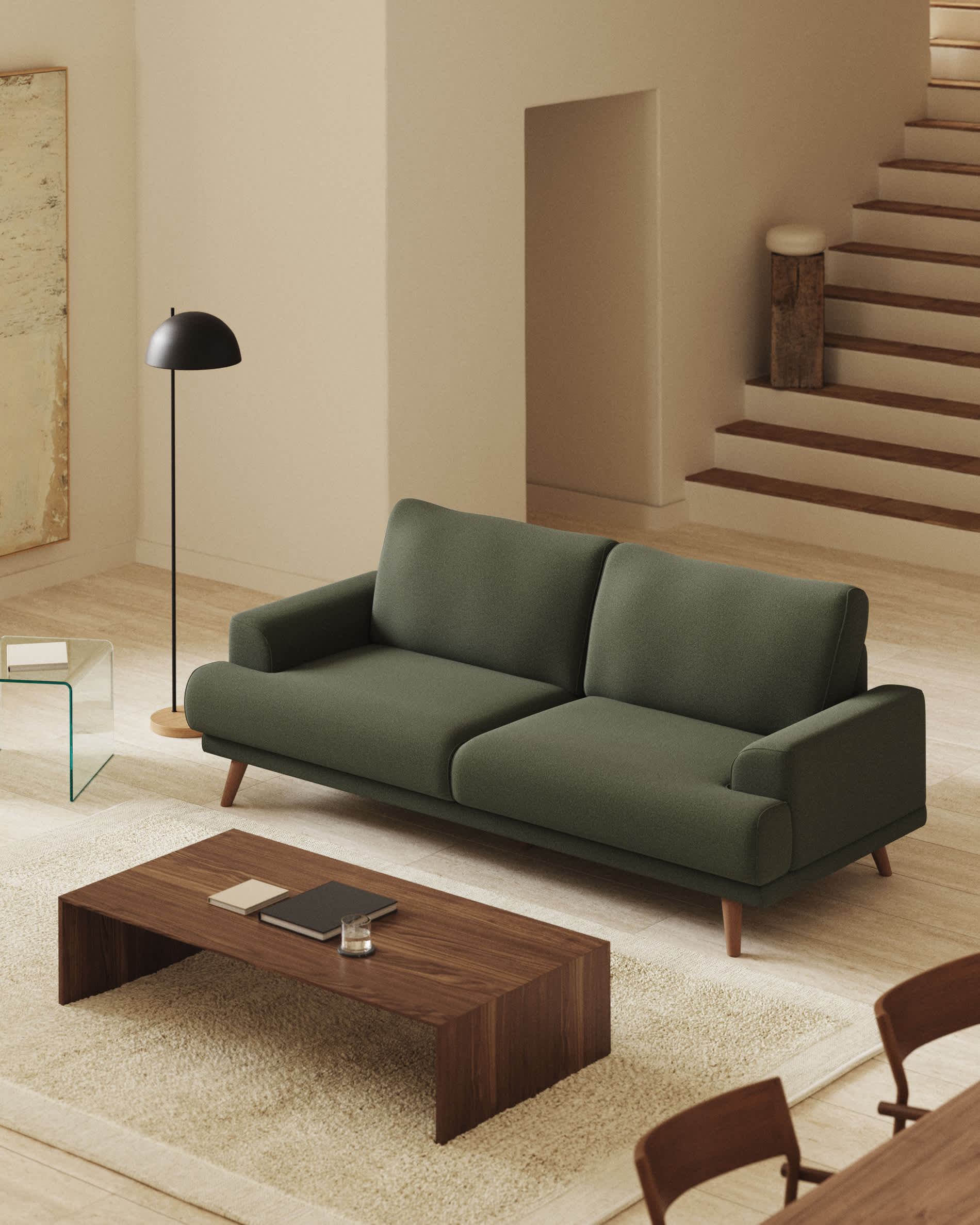 Karin 3-seater sofa in dark green chenille with solid beech wood legs in walnut-tone finish 228 cm