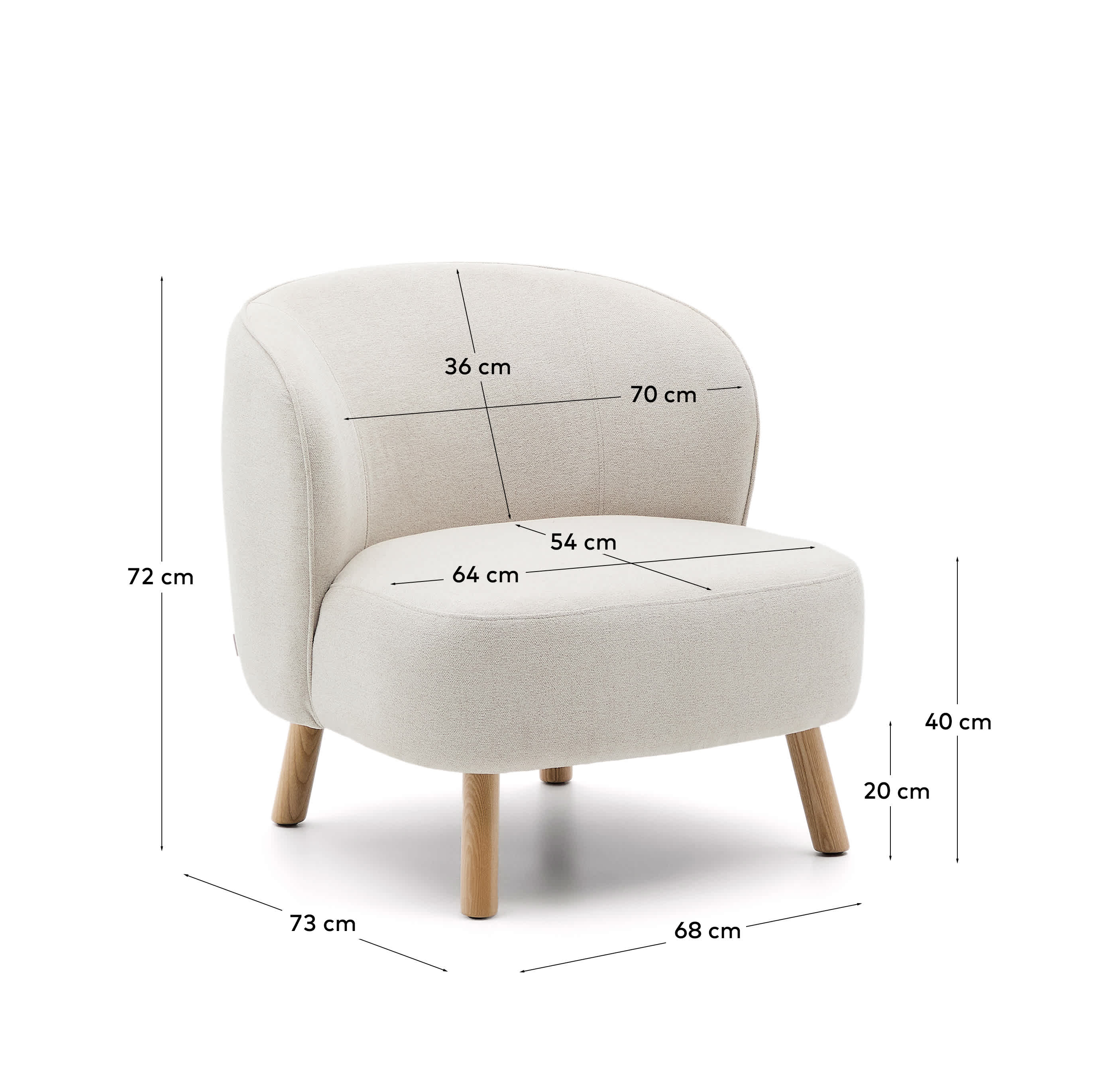 Ulit armchair in beige chenille with solid ash wood legs in a natural finish