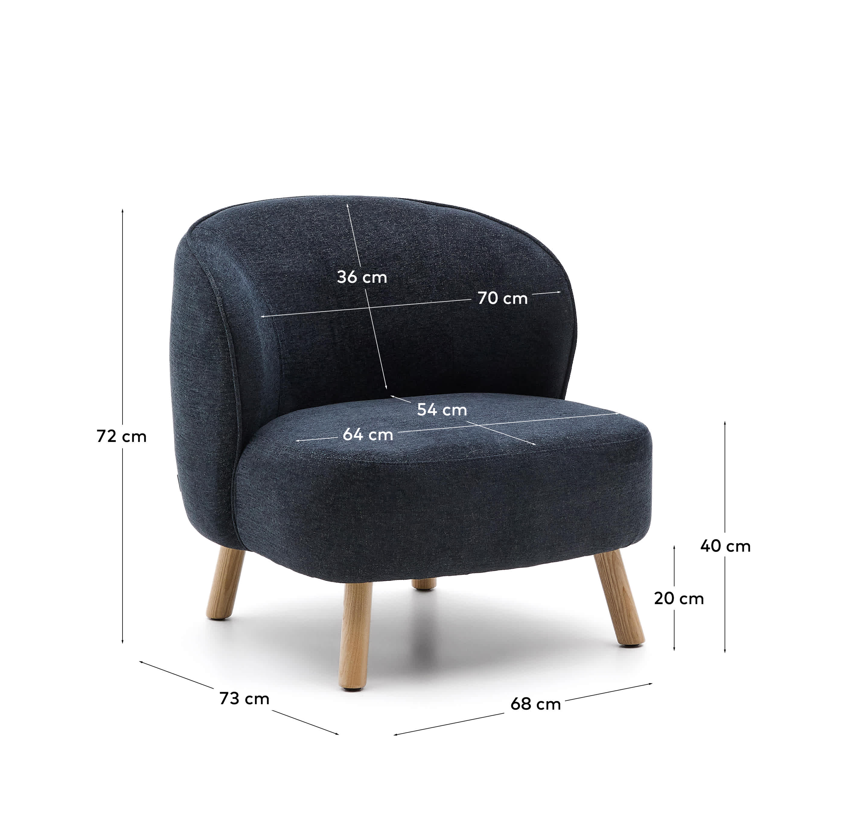 Ulit armchair in blue-grey chenille with solid ash wood legs in a natural finish