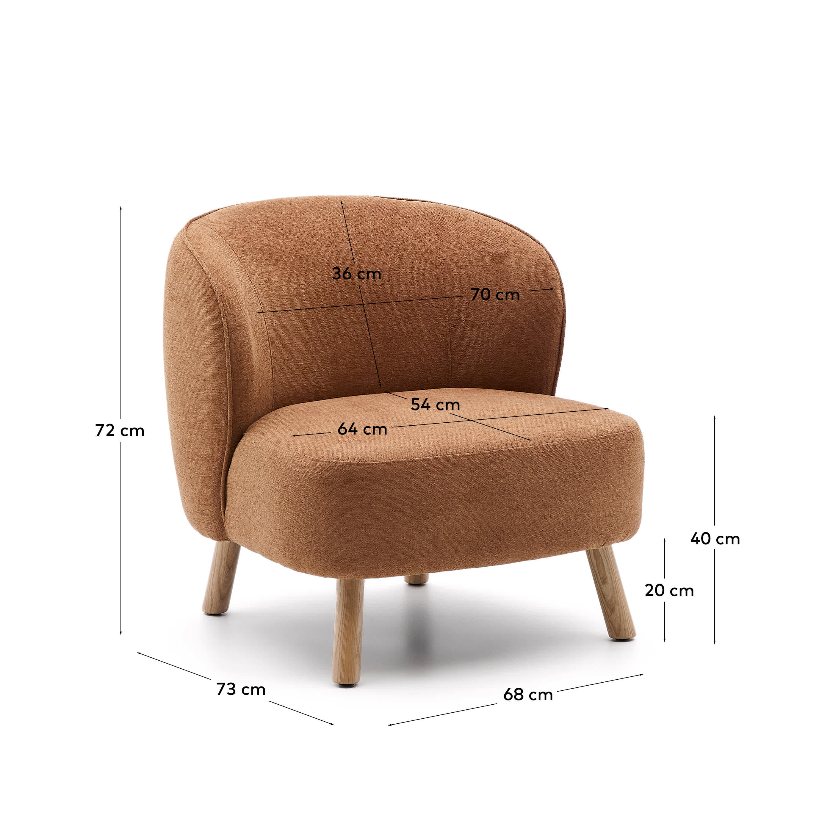 Ulit armchair in terracotta chenille with solid ash wood legs in a natural finish