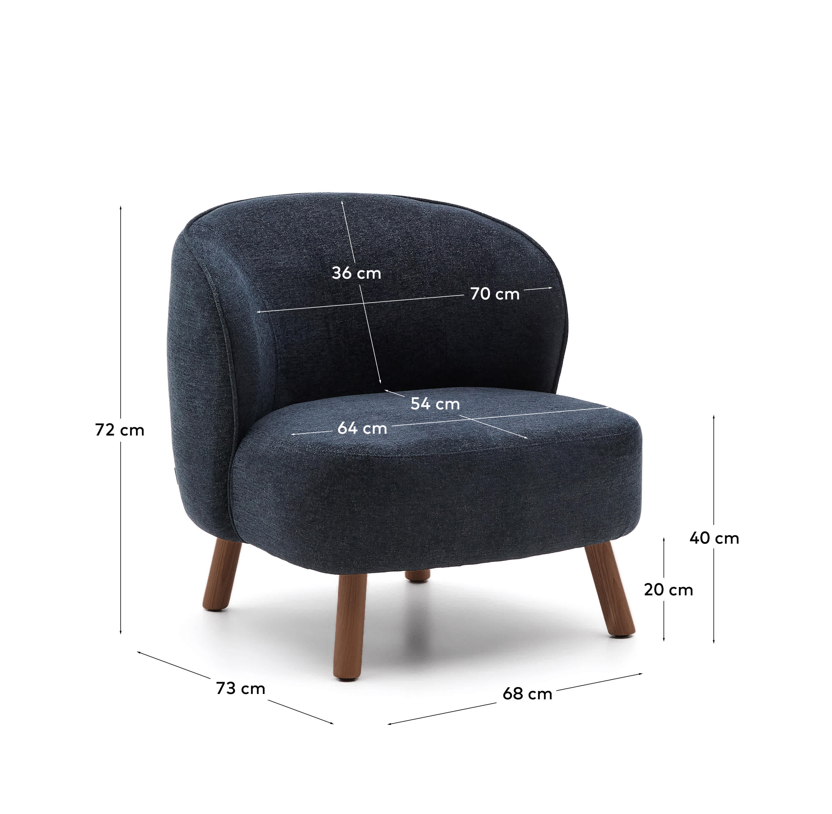Ulit armchair in blue-grey chenille with solid ash wood legs with walnut finish