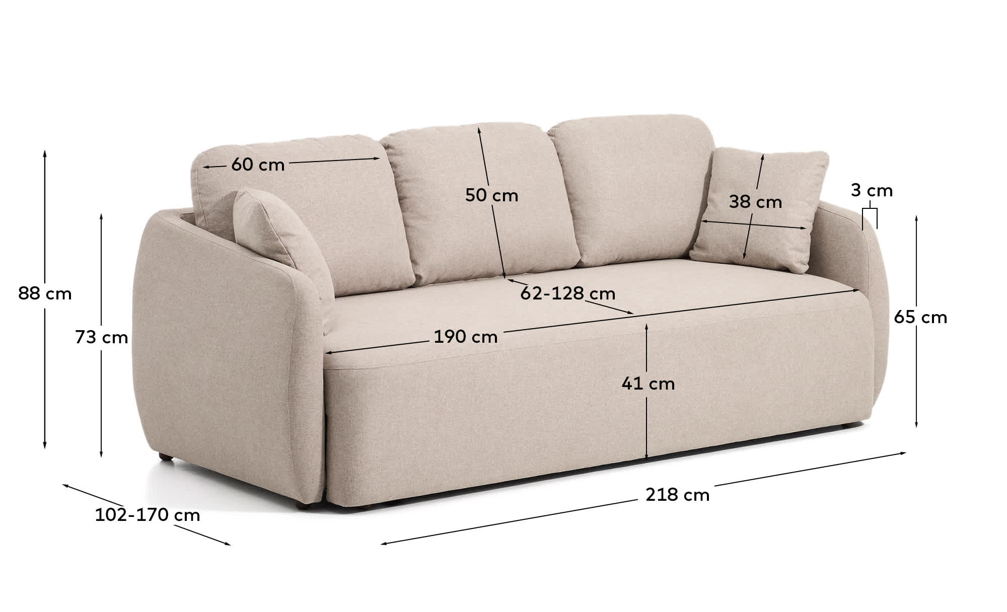 Laira 3-seater sofa bed in beige chenille 218cm FSC Mix Credit