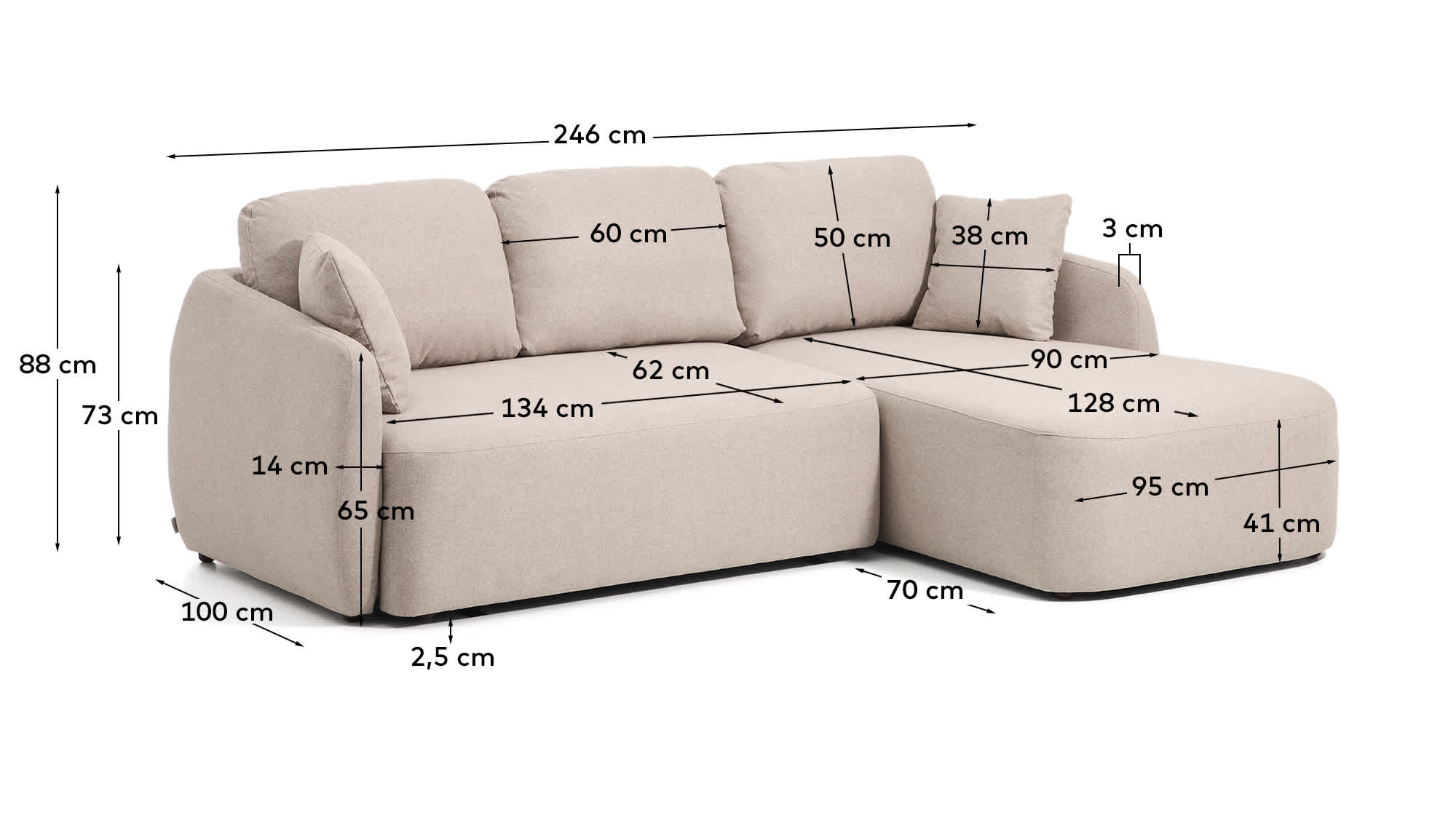 Laira 3-seater sofa bed with right chaise longue in beige chenille 246cm FSC Mix Credit