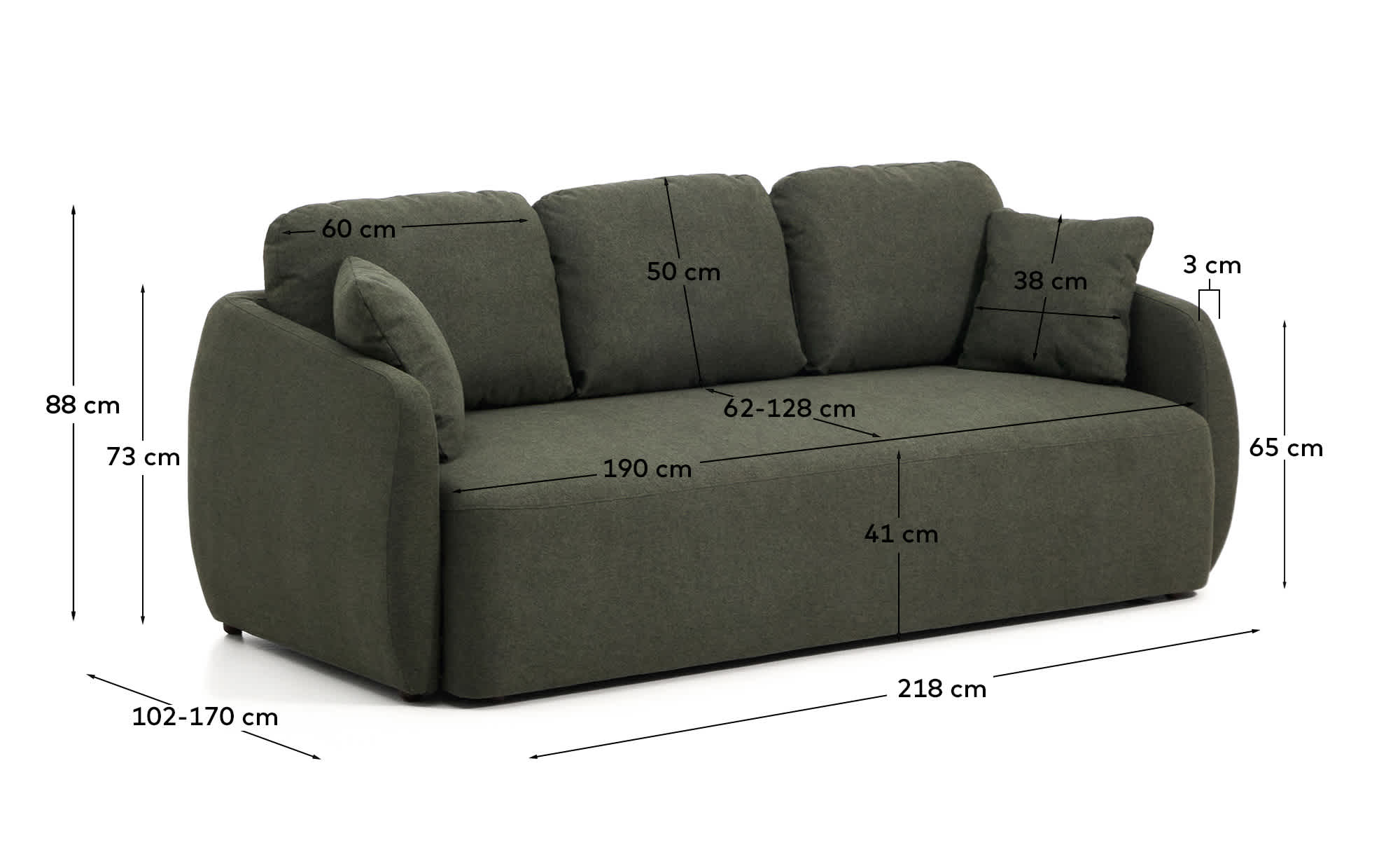Laira 3-seater sofa bed in dark green chenille 218cm FSC Mix Credit