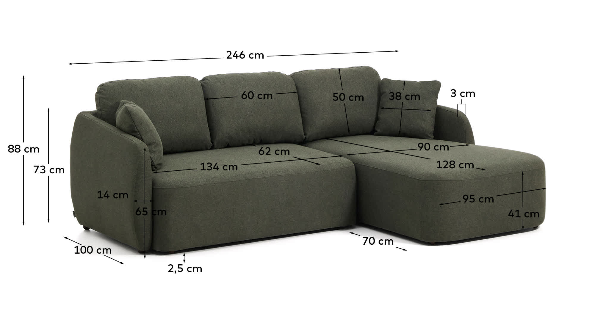 Laira 3-seater sofa bed with right chaise longue in dark green chenille 246cm FSC Mix Credit