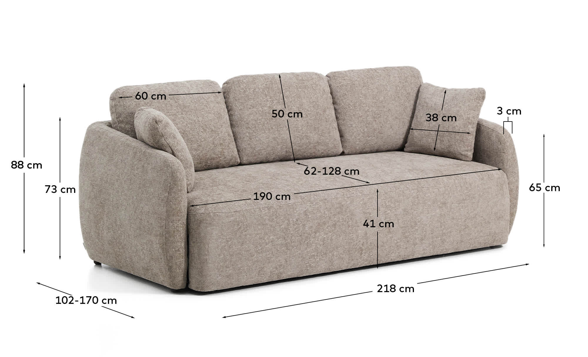Laira 3-seater sofa bed in taupe chenille 218cm FSC Mix Credit