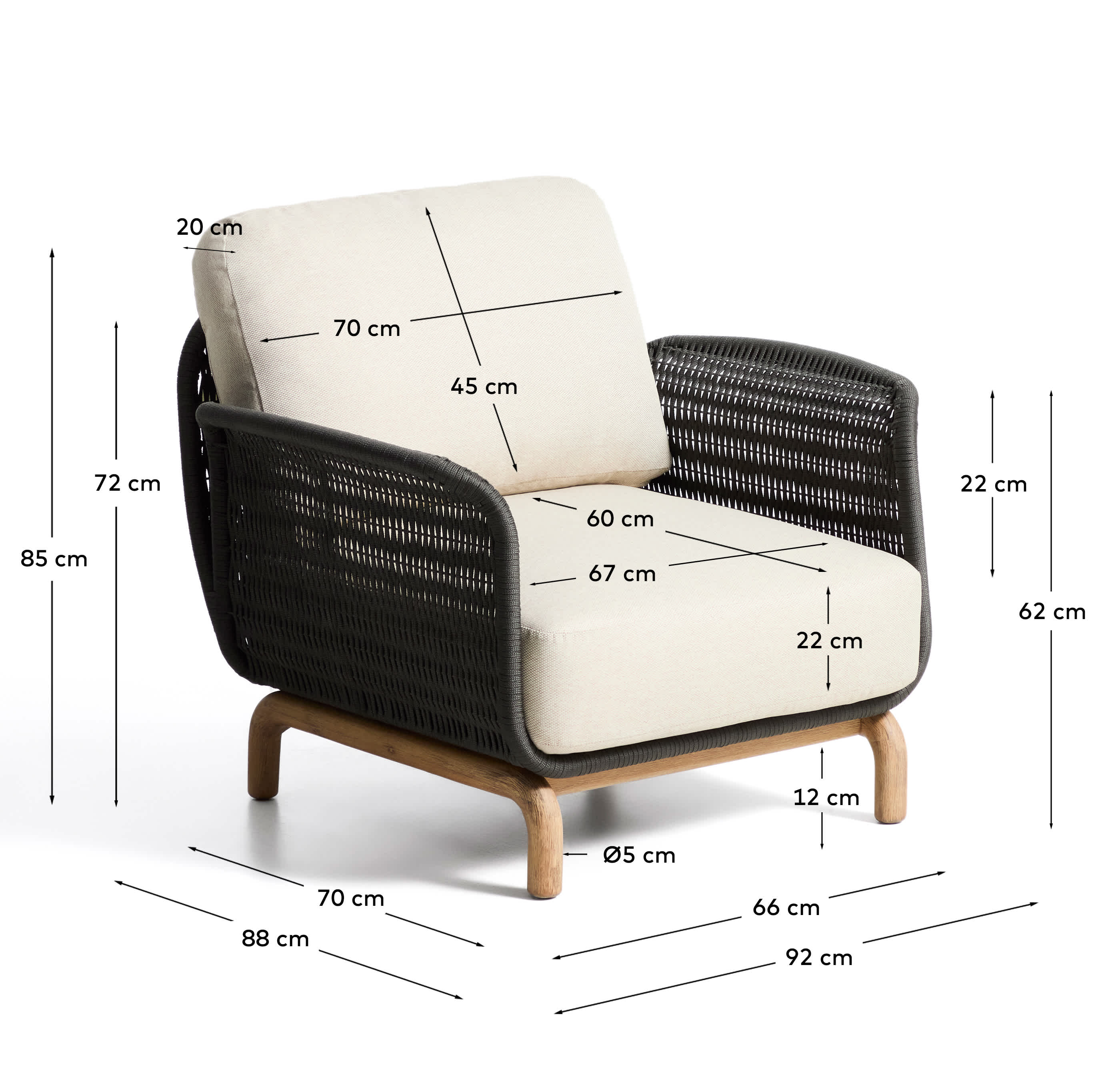 Alipa armchair in FSC 100% solid acacia wood and dark grey rope cord