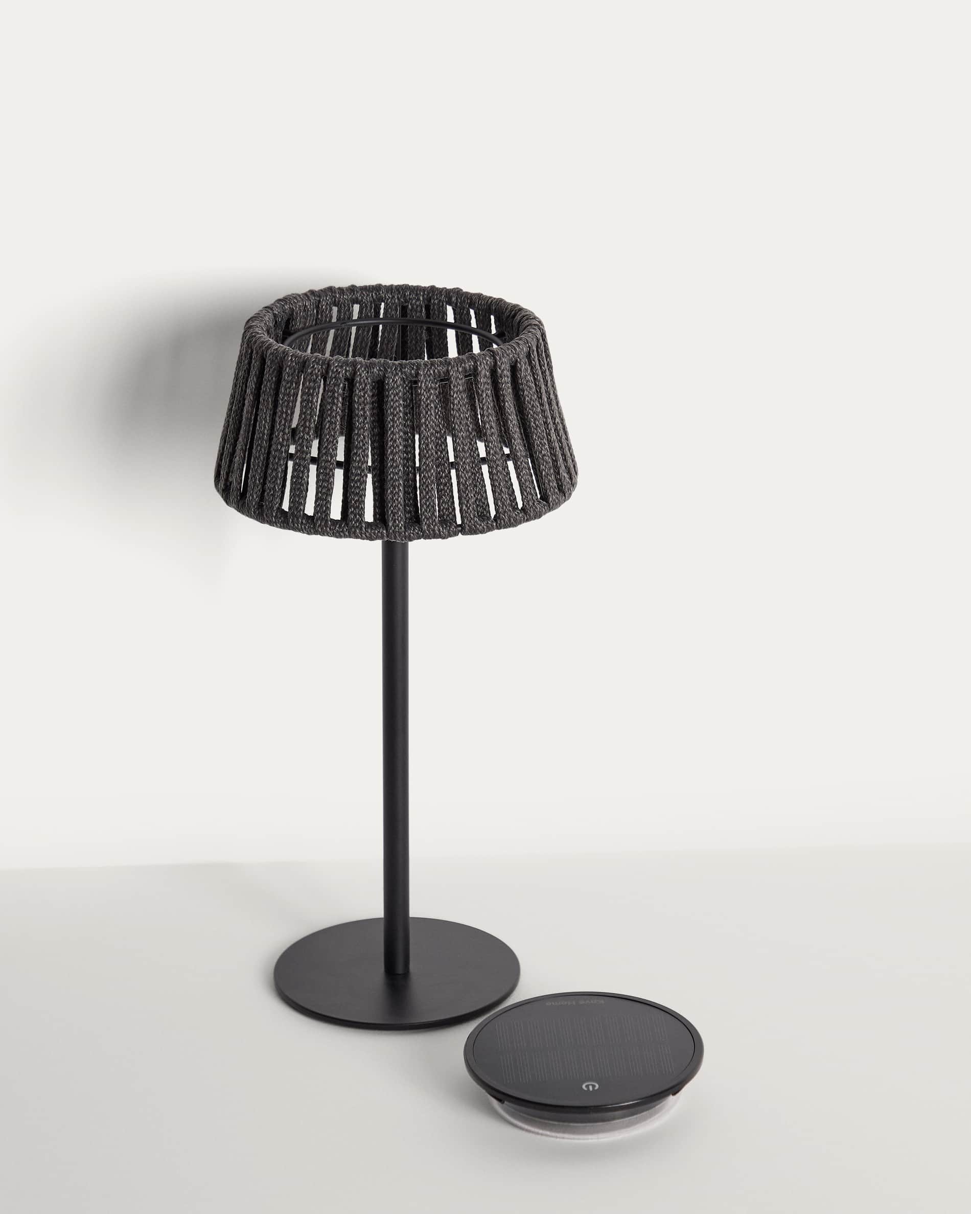 Aldet outdoor solar table lamp in black flat rope cord with metal stand