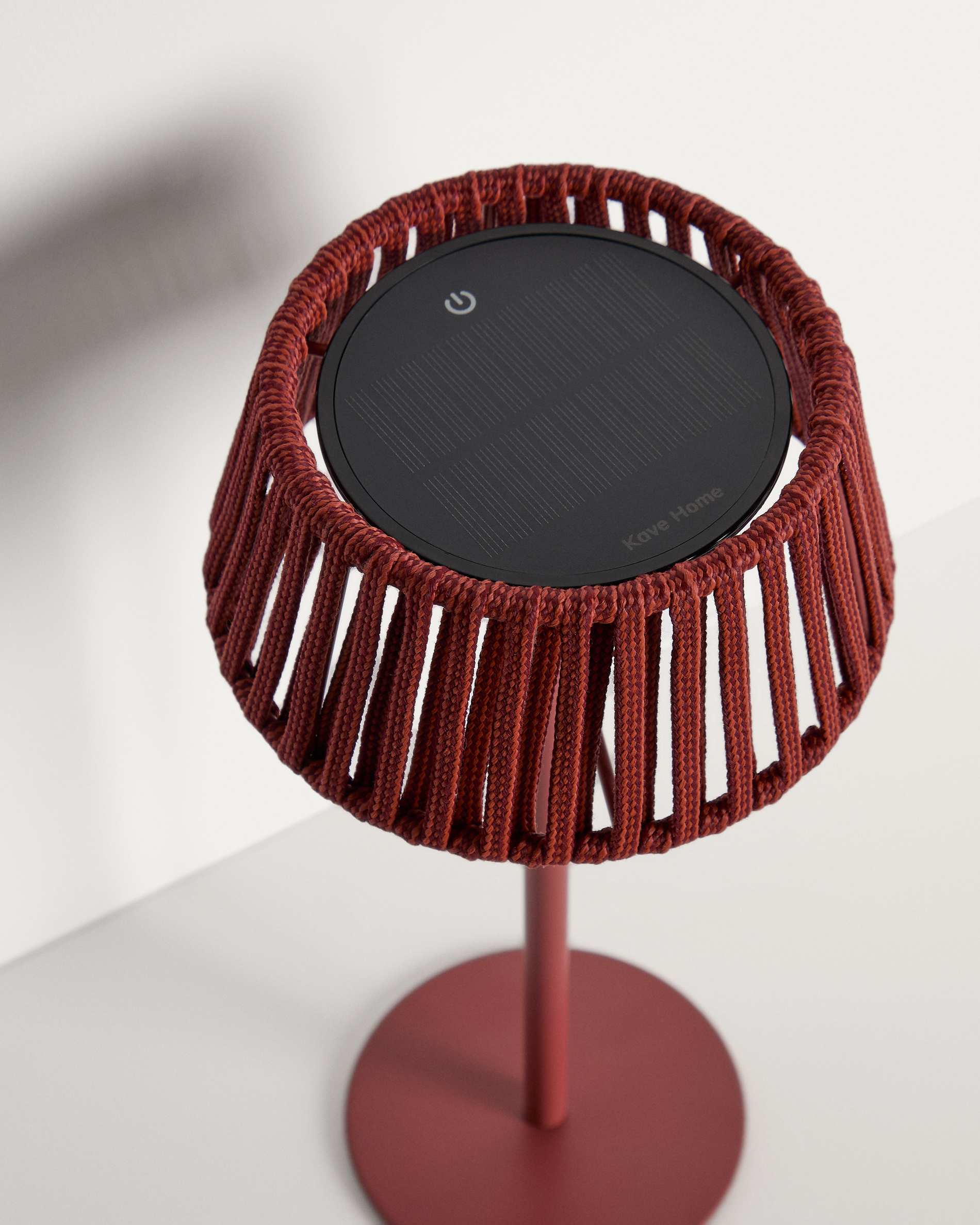 Aldet outdoor solar table lamp in terracotta flat rope cord with metal stand