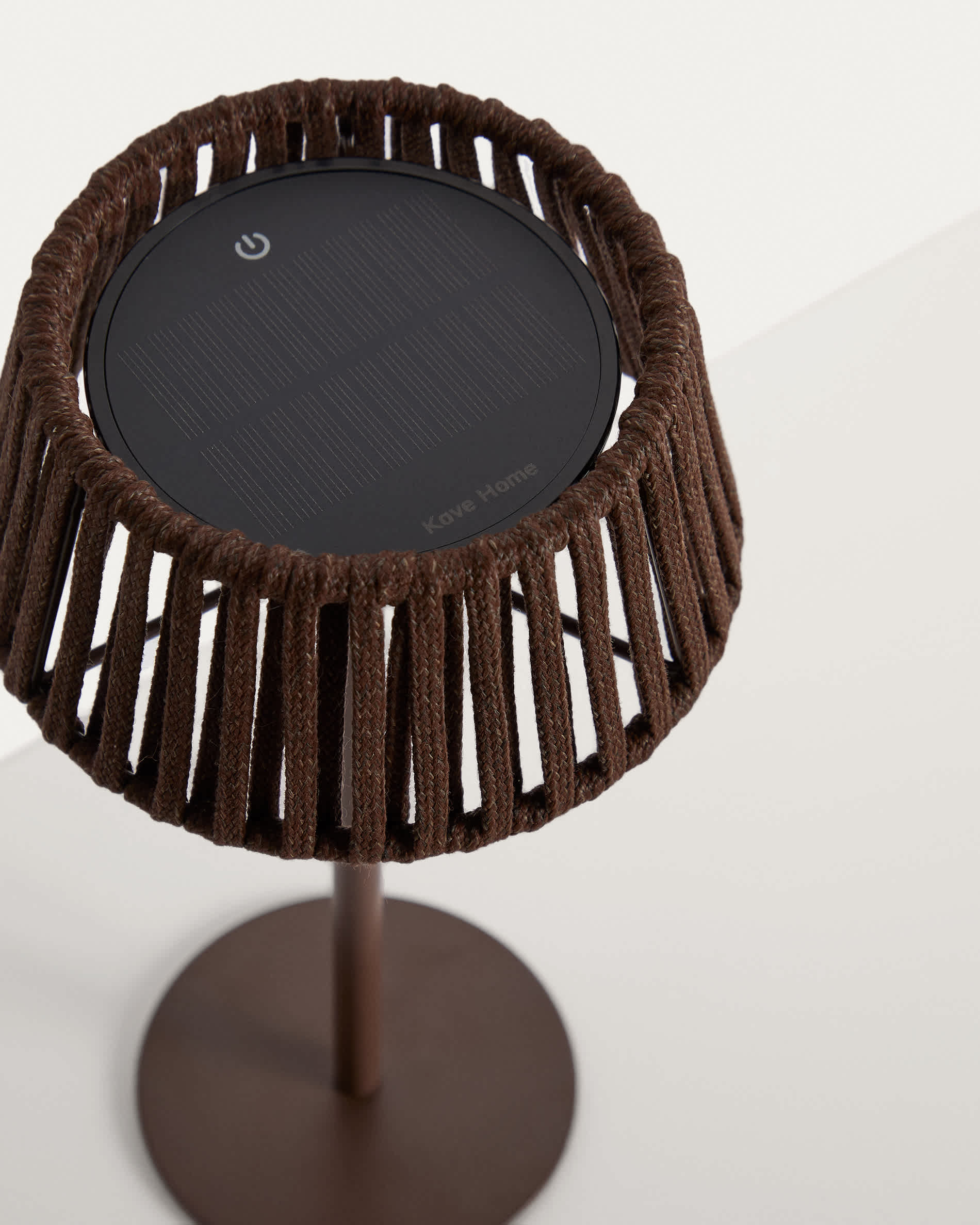 Aldet outdoor solar table lamp in brown flat rope cord with metal stand