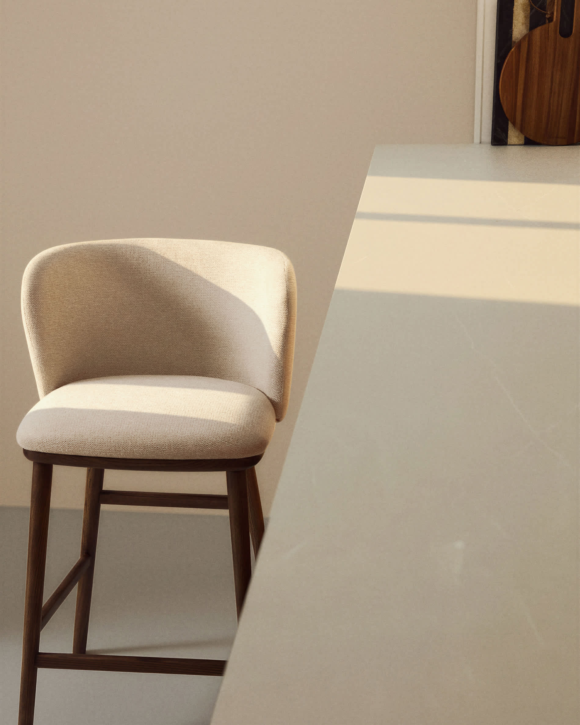 Ciselia beige chenille stool with solid ash wood legs with walnut-coloured finish FSC Mix Credit 65cm