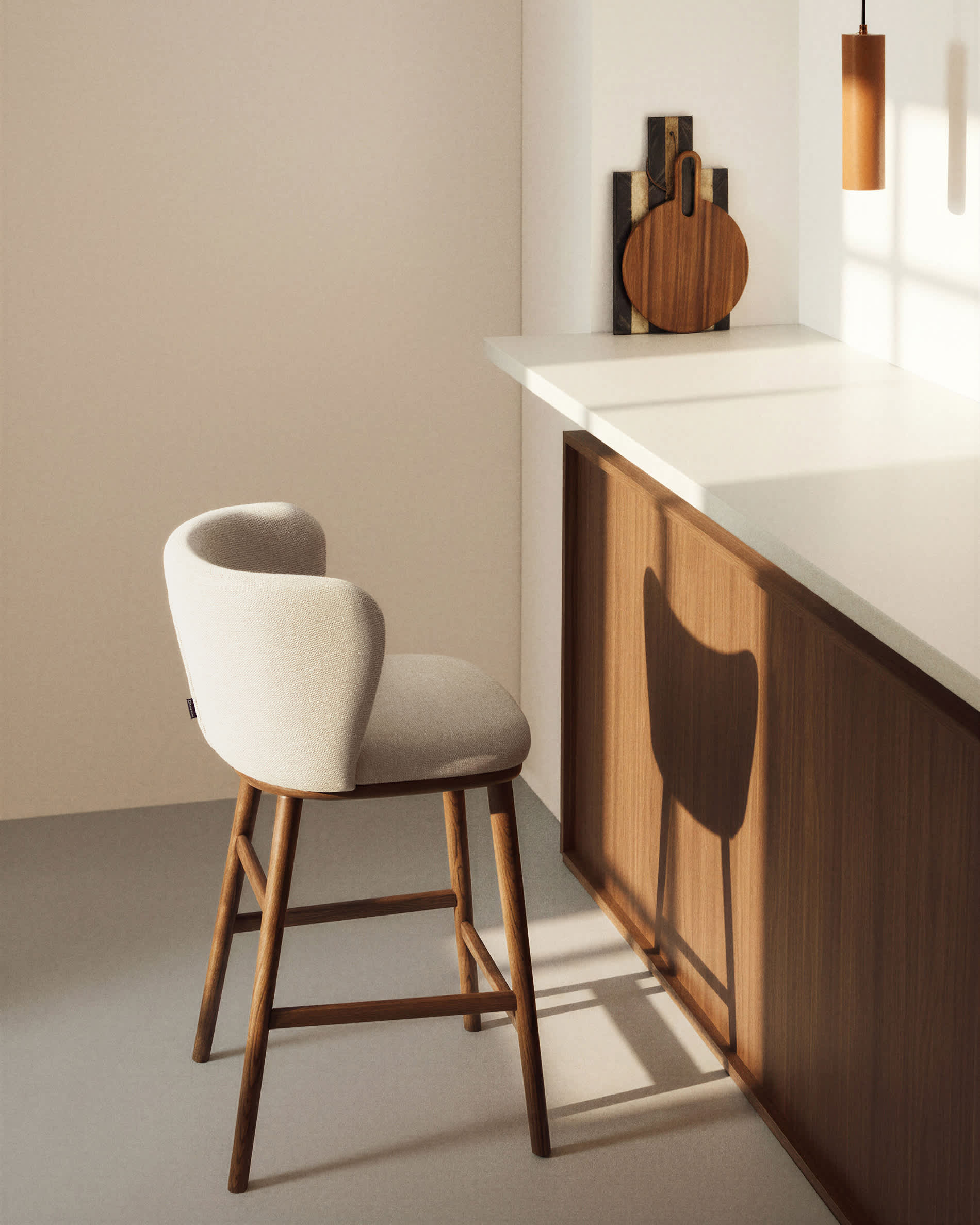 Ciselia beige chenille stool with solid ash wood legs with walnut-coloured finish FSC Mix Credit 65cm