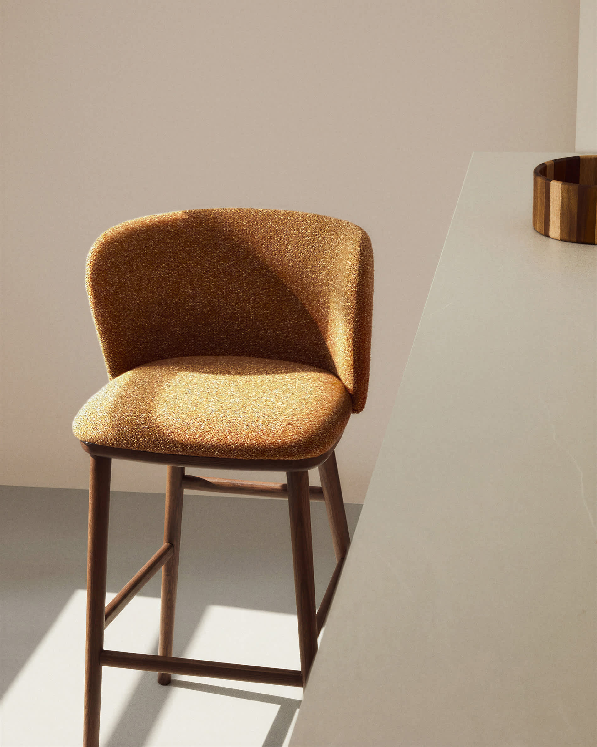 Ciselia terracotta thick chenille stool with solid ash wood legs with walnut-coloured finish FSC Mix Credit 75cm