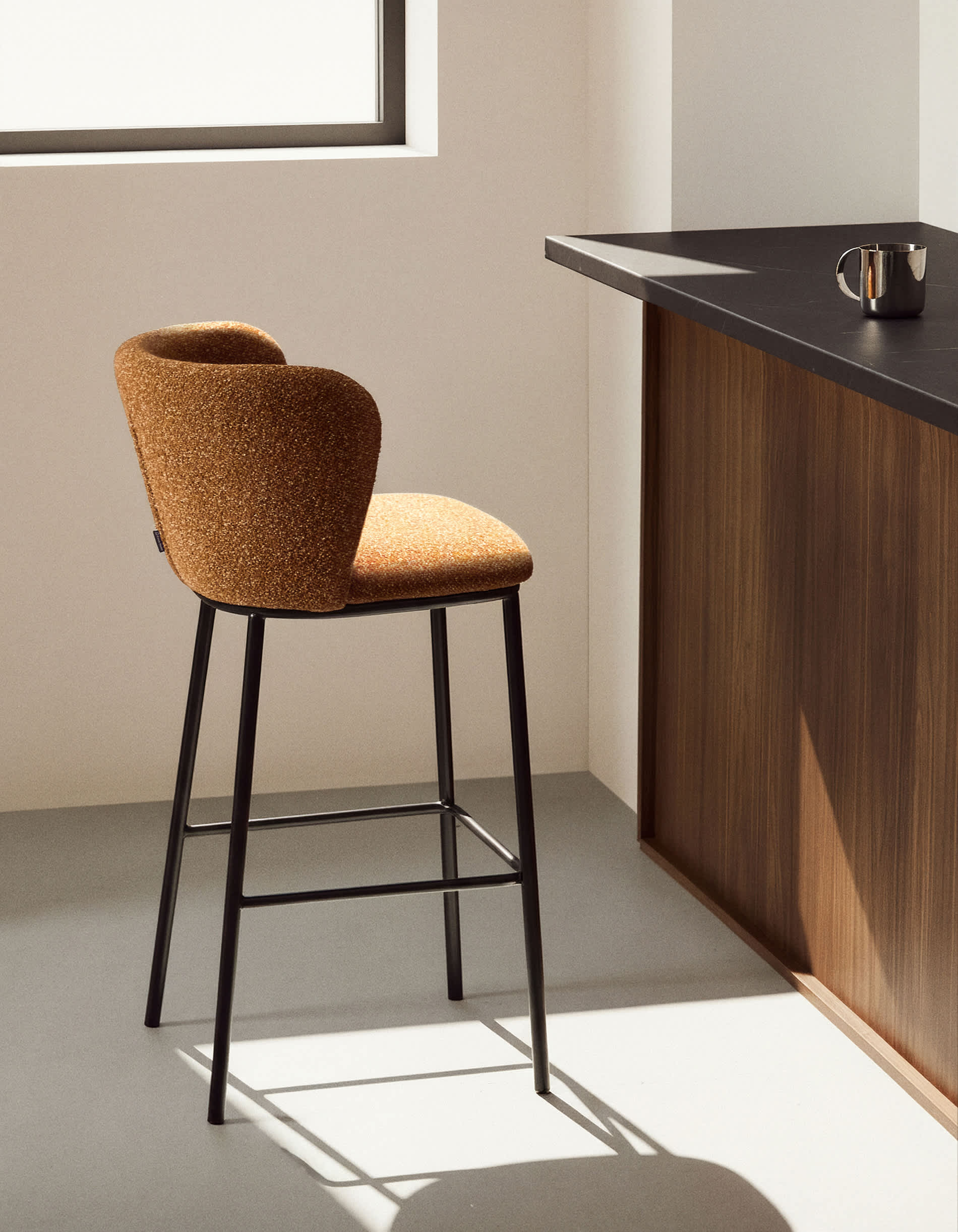 Ciselia terracotta thick chenille stool with black finish steel legs FSC Mix Credit 75cm