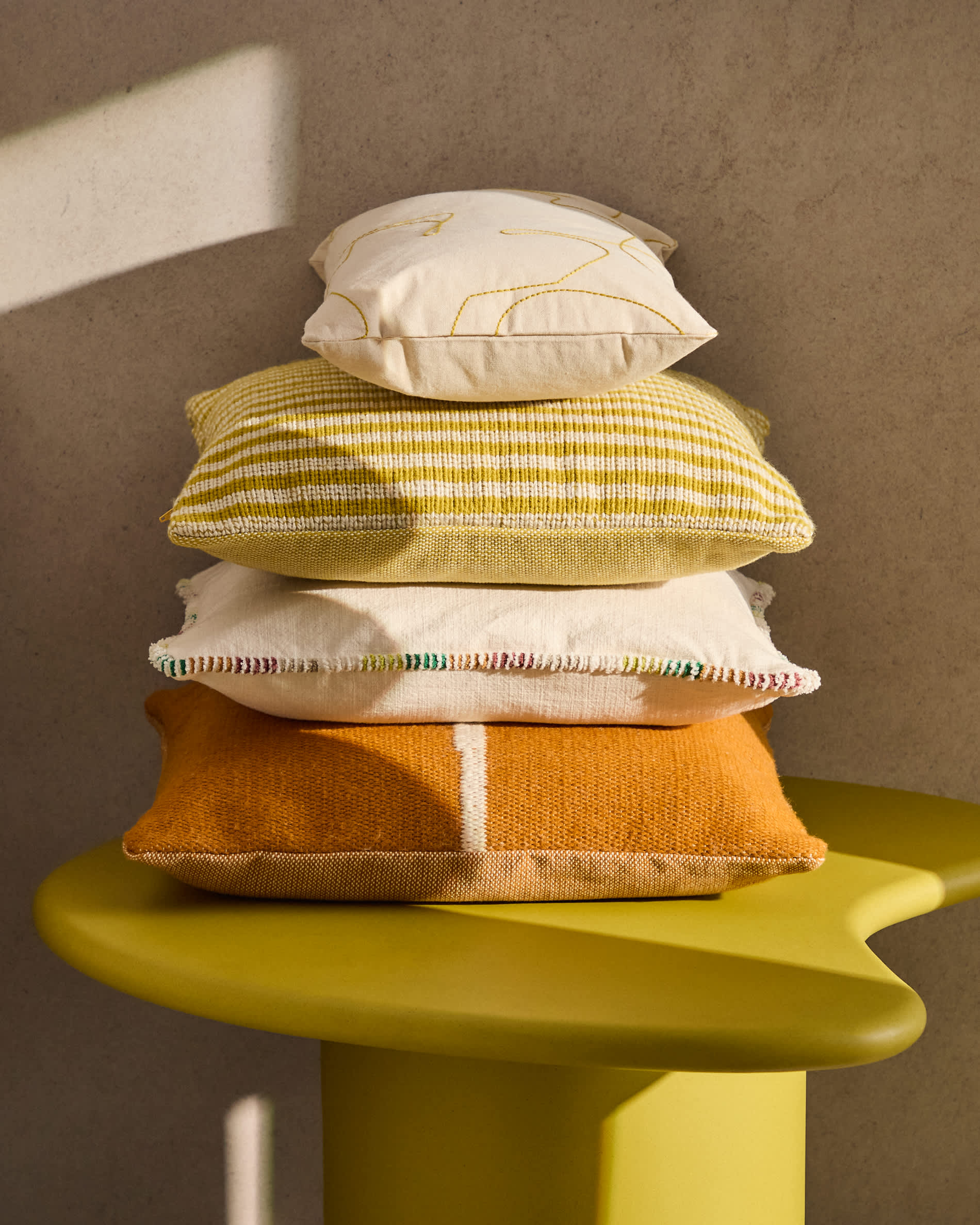 Dibel ecru cotton cushion cover with yellow embroidery detail 30 x 50cm