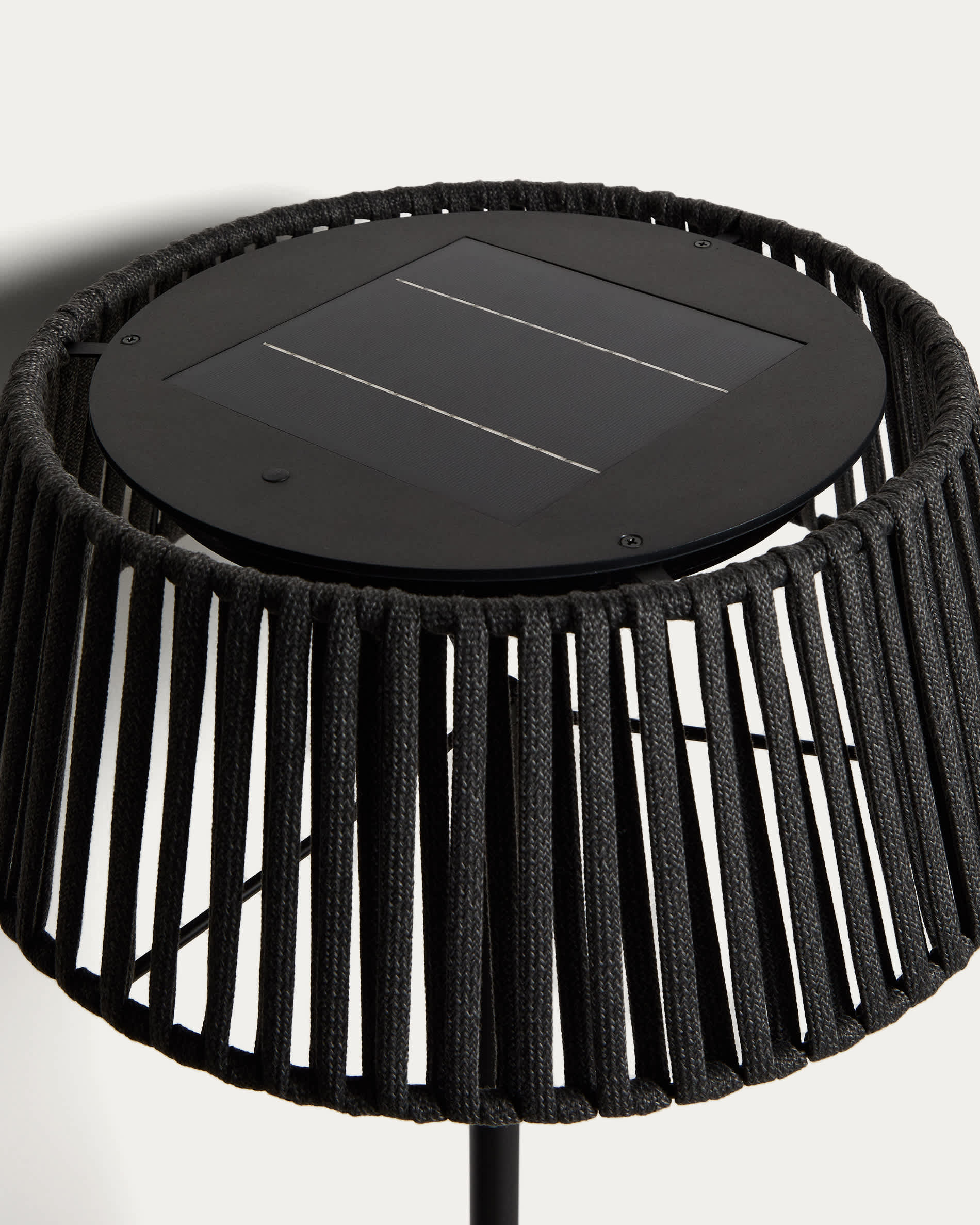 Aldet outdoor solar floor lamp in black flat rope cord with metal base Ø46cm