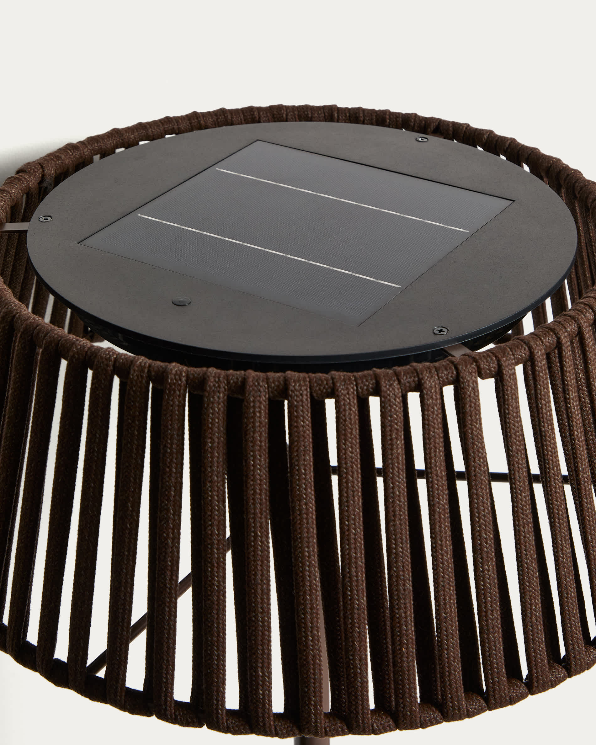 Aldet outdoor solar floor lamp in brown flat rope cord with metal base Ø46cm