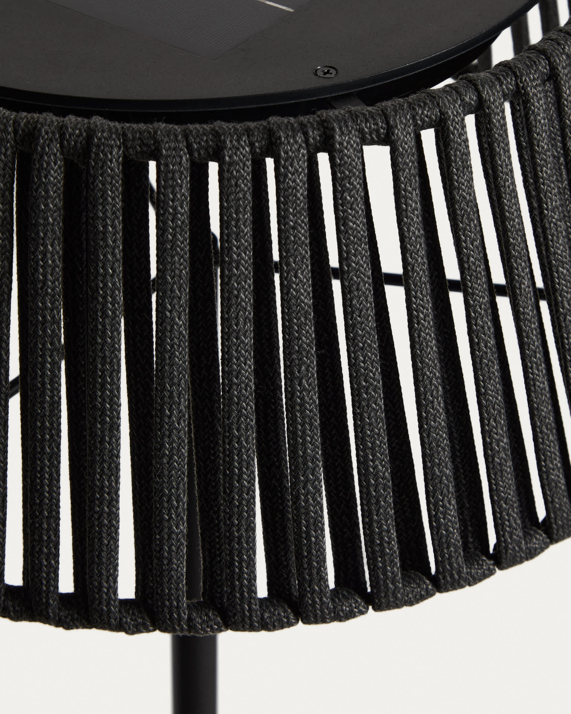 Aldet outdoor solar floor lamp in black flat rope cord with metal base Ø46cm