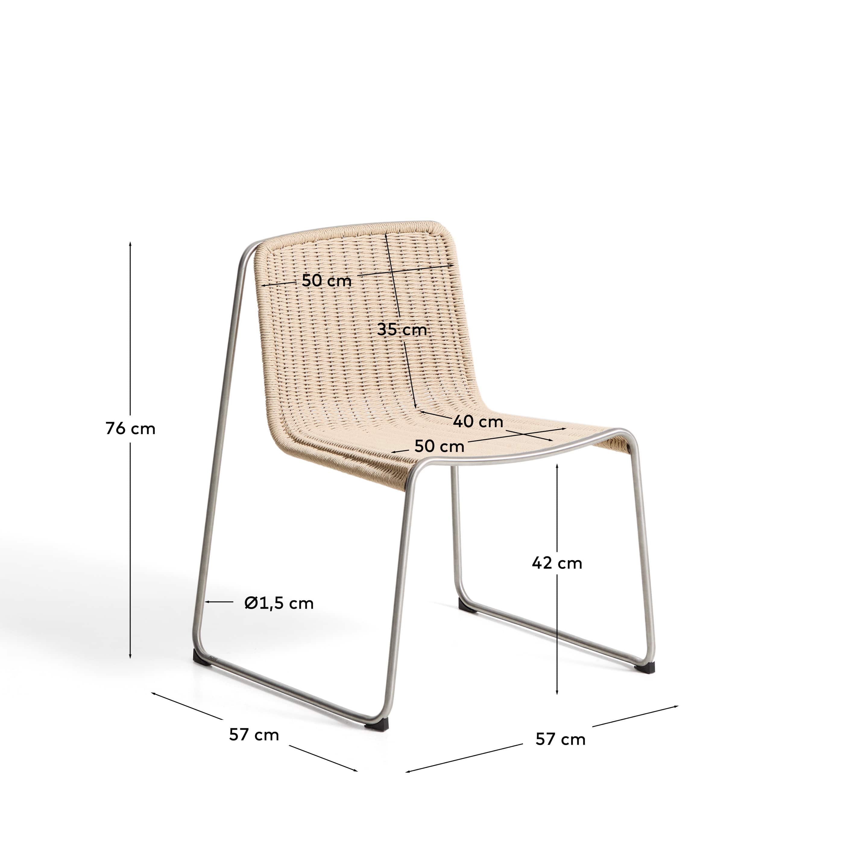 Tavari stackable chair in beige synthetic rope cord and AISI 304 stainless steel with brushed finish