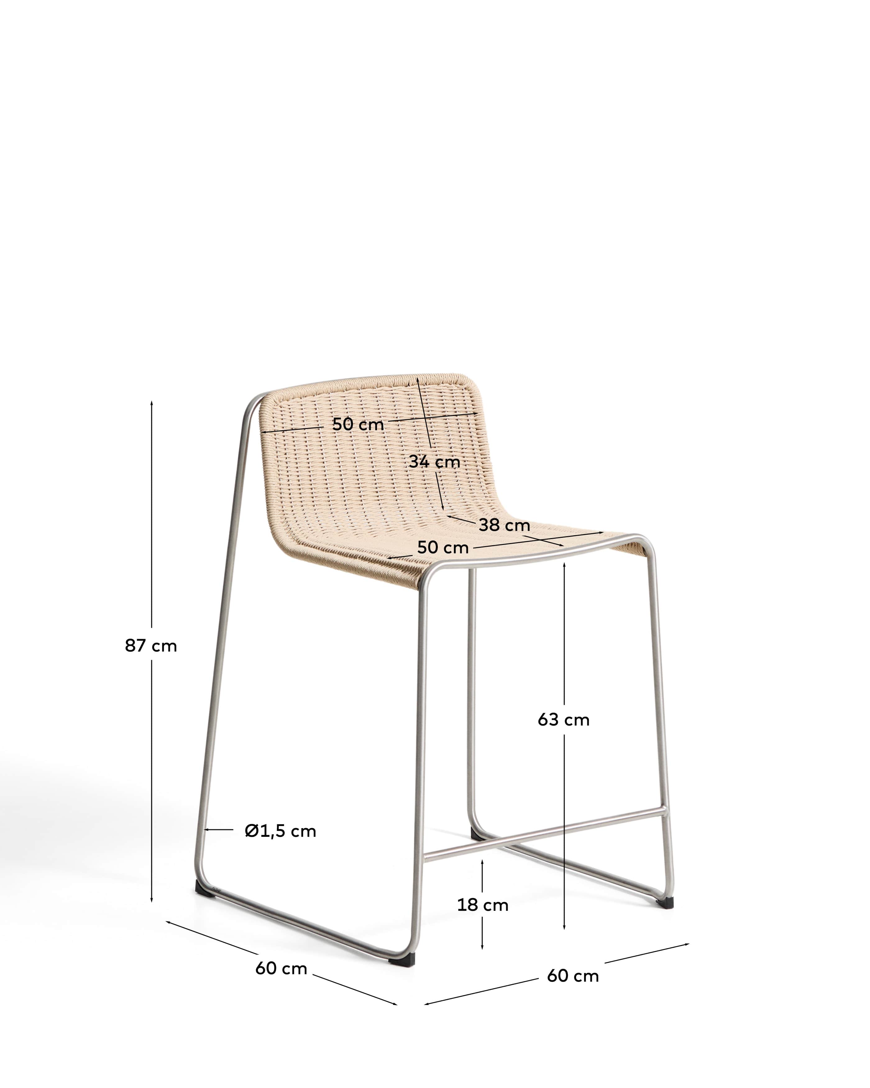 Tavari stackable stool in beige synthetic rope cord and AISI 304 stainless steel with brushed finish 65 cm