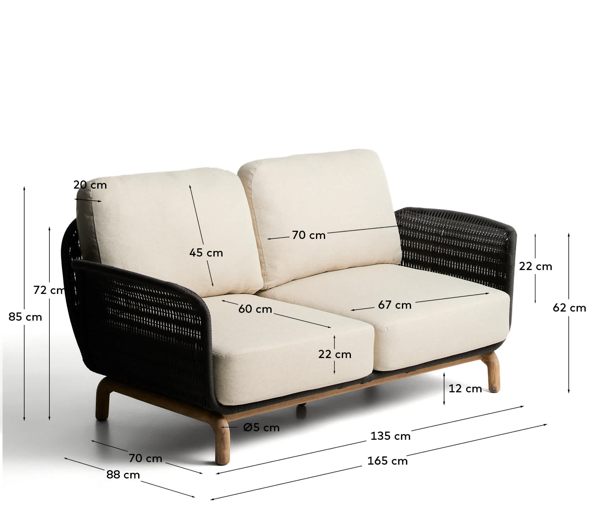Alipa 2-seater sofa in solid acacia wood and dark grey rope cord 165 cm FSC 100%