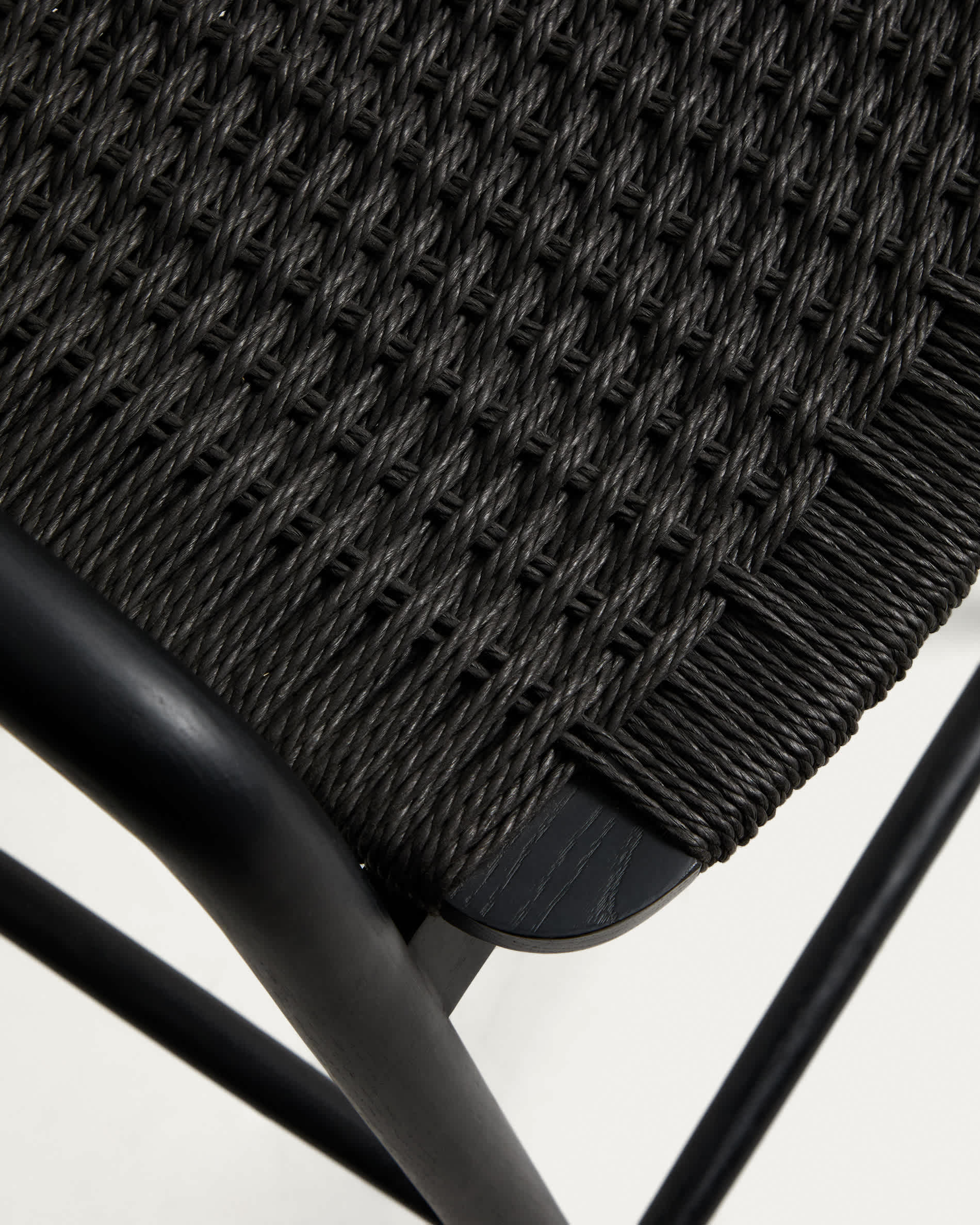 Derile stool in solid oak wood with black finish and black paper rope cord FSC Mix Credit 65cm
