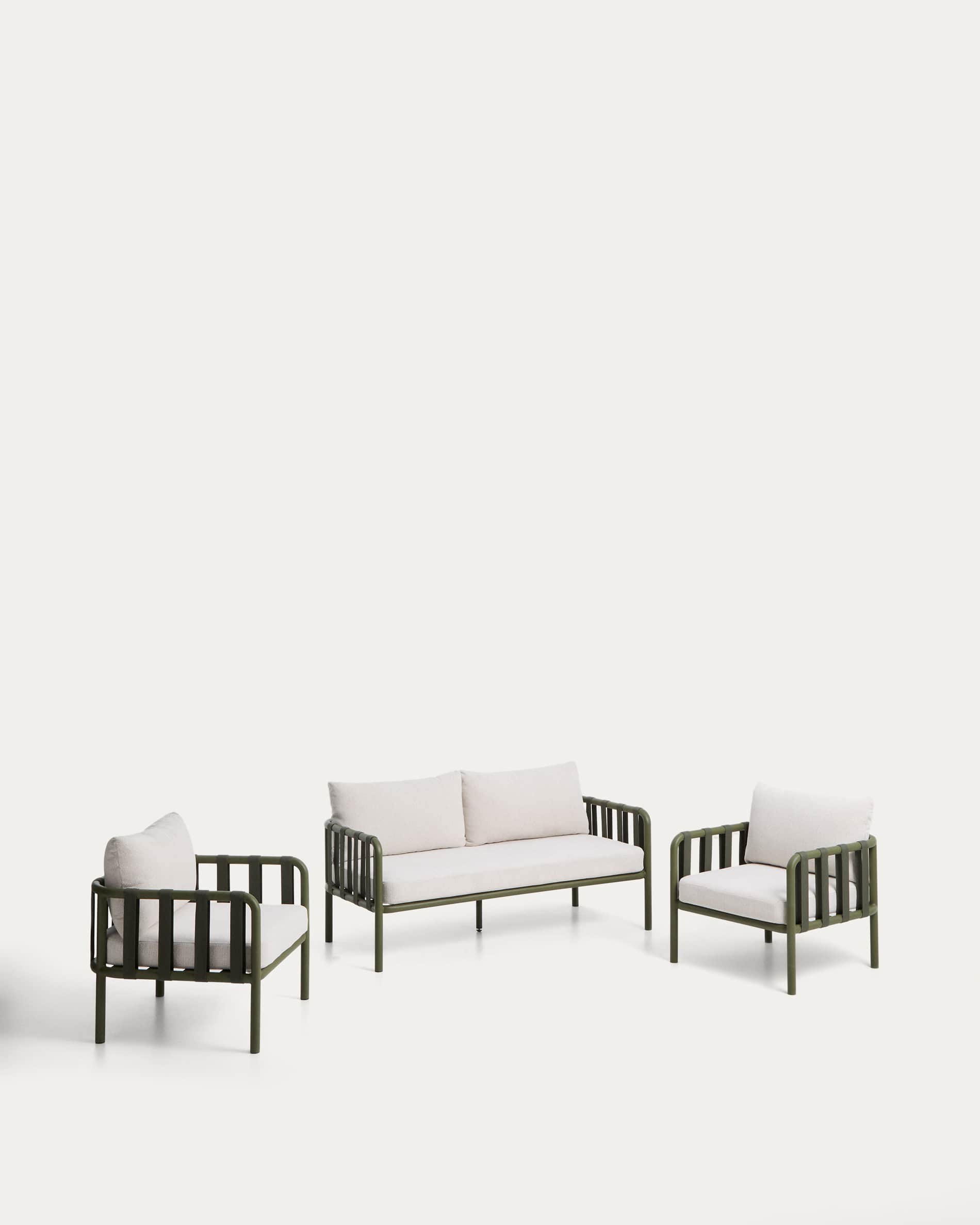 Kave Home - Set Omala de sofá de 2 plazas y 2 sillones con estructura de aluminio verde