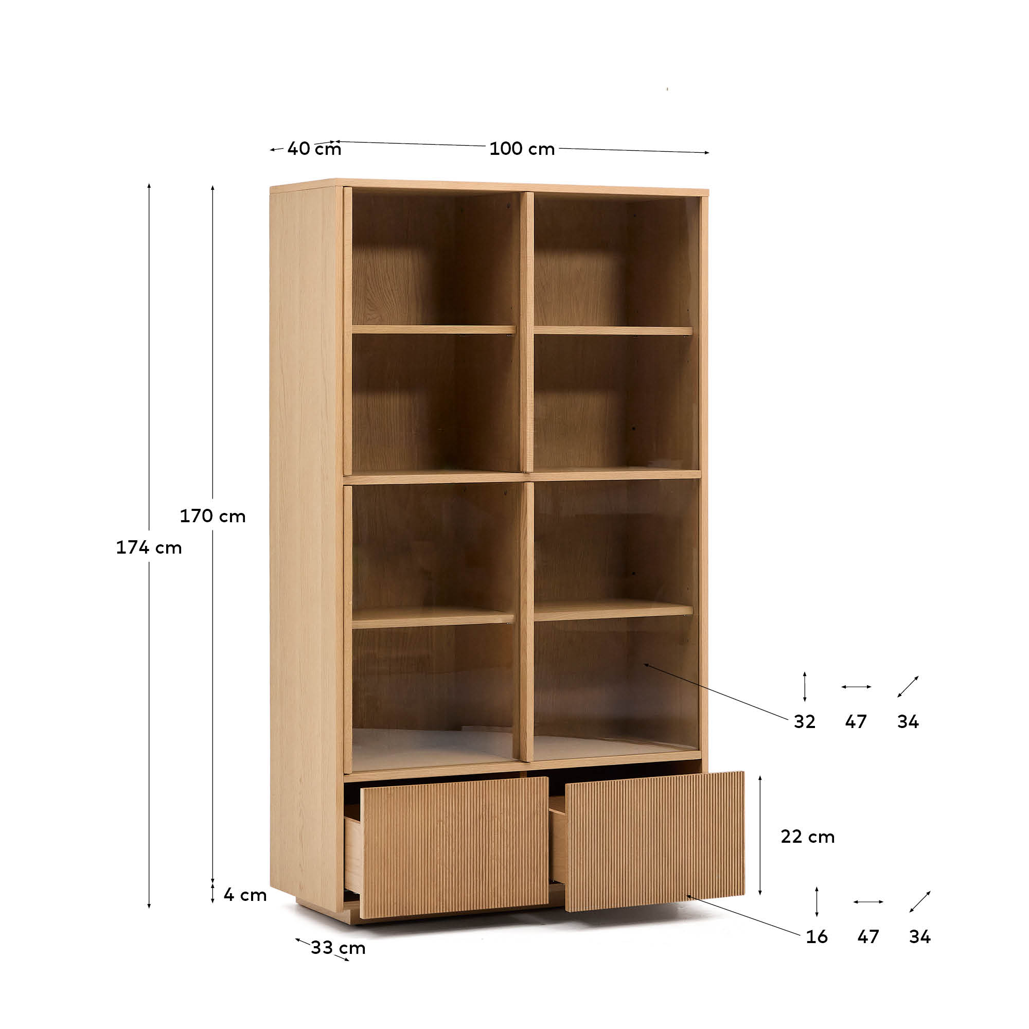 Helvine display cabinet 4 doors 2 drawers oak veneer and tempered glass 100 x 174 cm FSC 100%